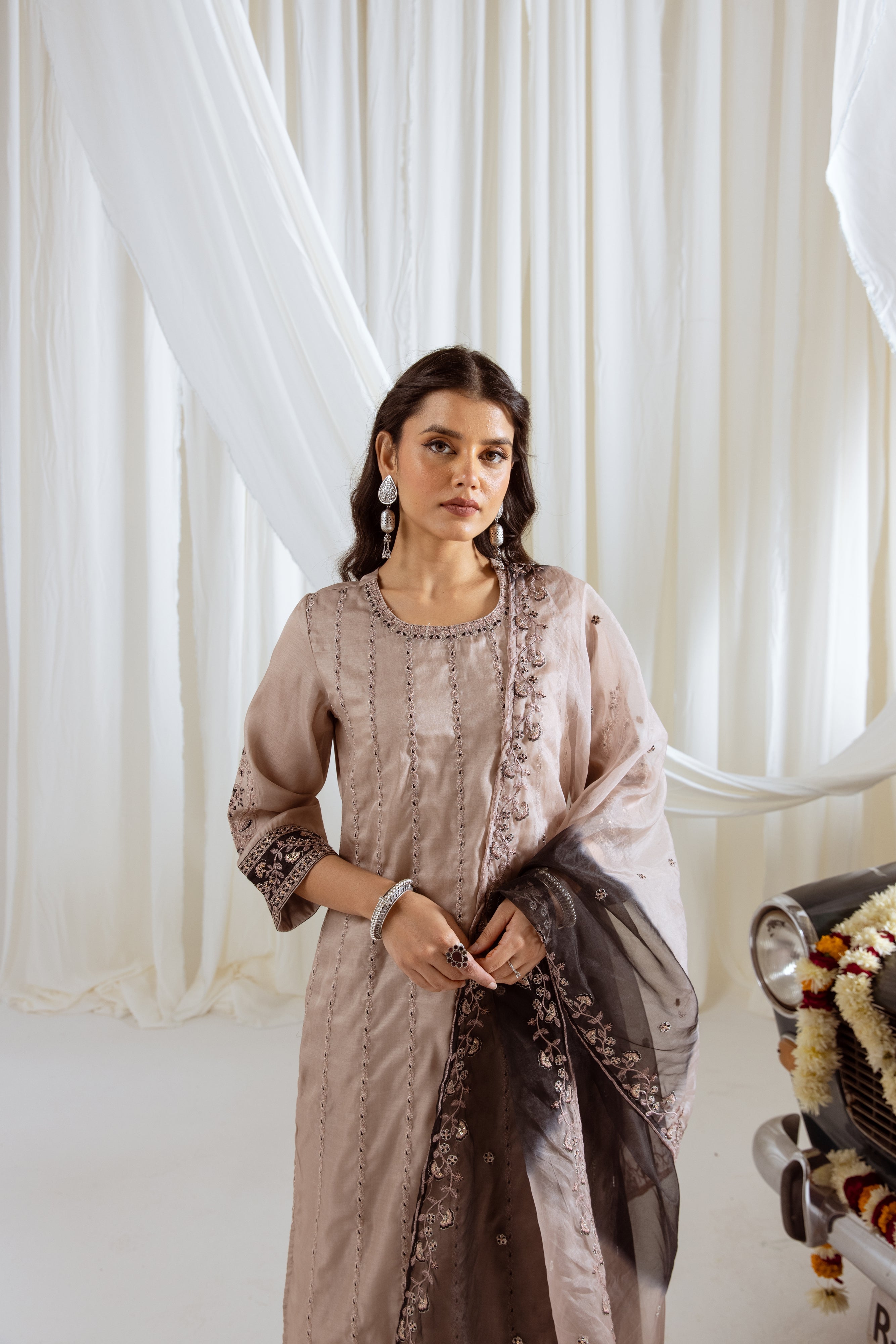 Beige Muslin Silk Kurta Palazzo and Dupatta Set