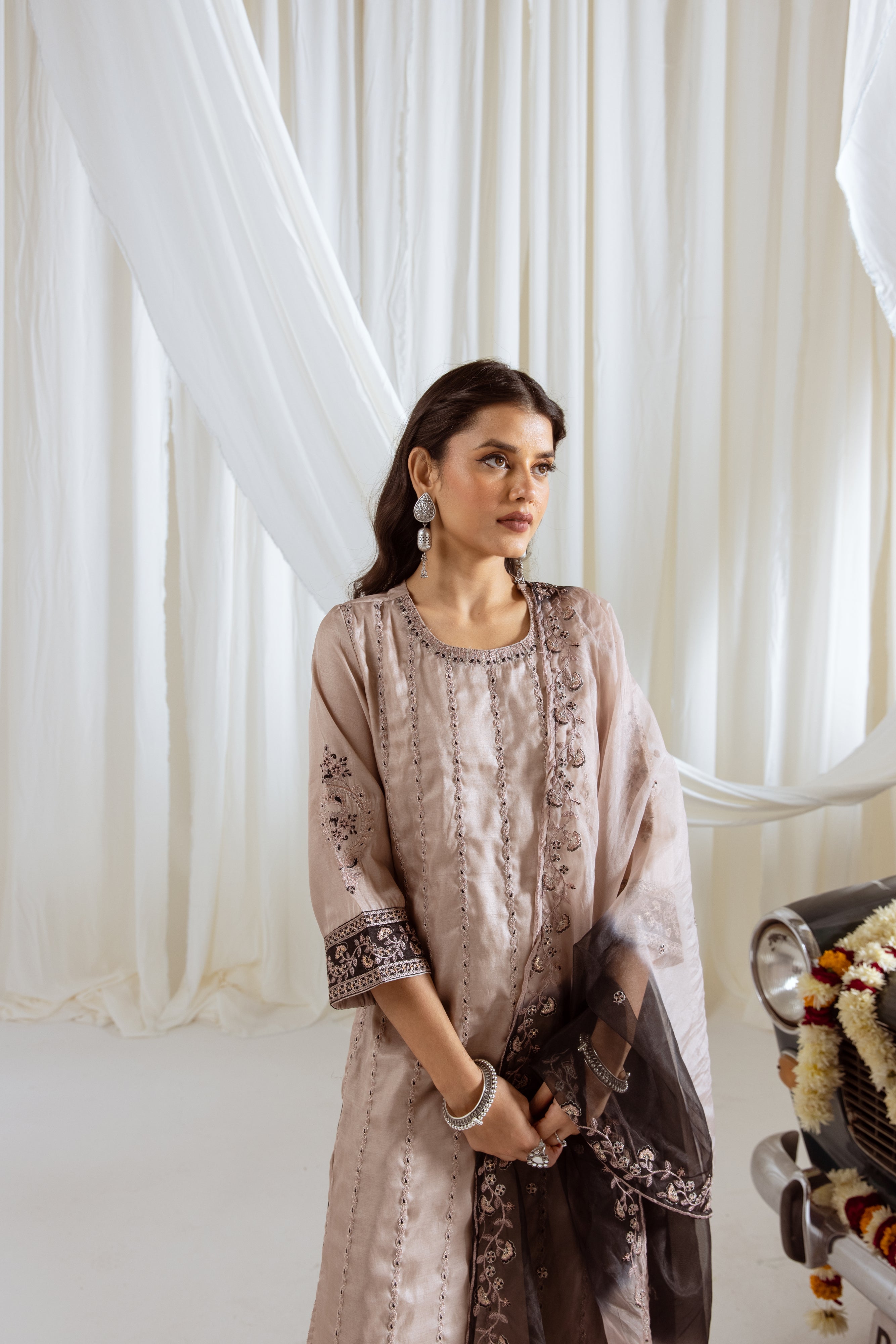 Beige Muslin Silk Kurta Palazzo and Dupatta Set