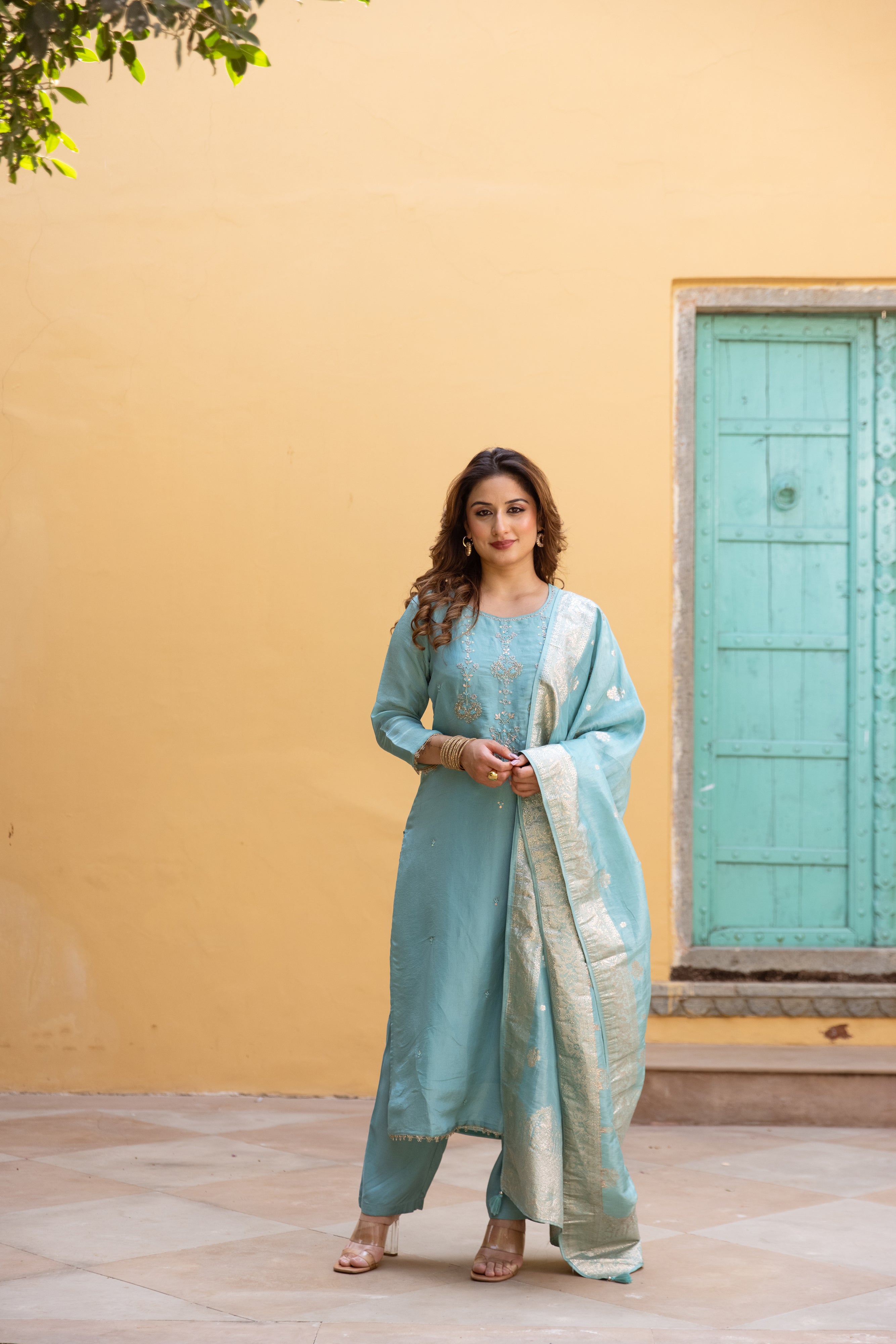 Sky Blue Viscose Simmer Kurta Pant and Dupatta Set