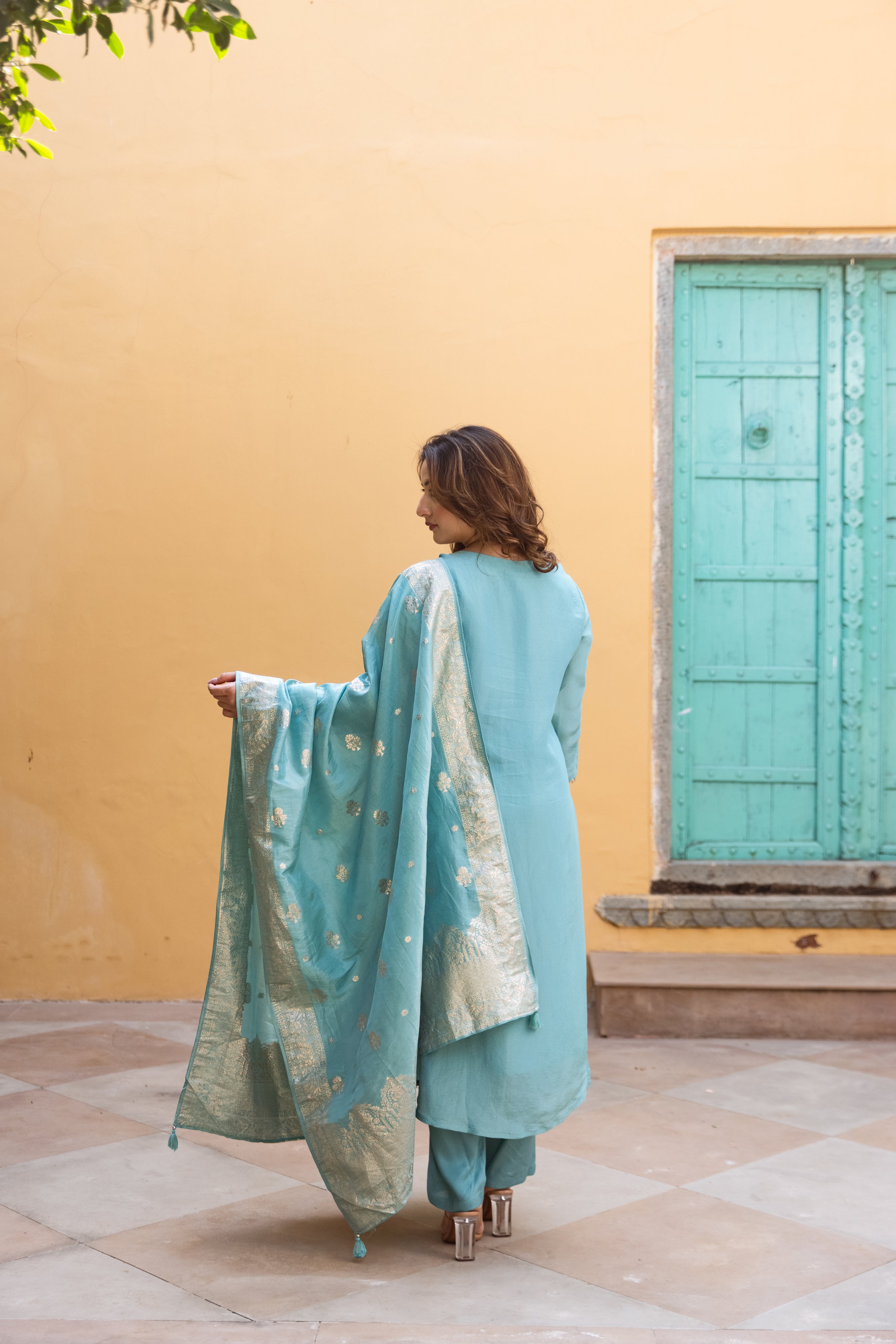 Sky Blue Viscose Simmer Kurta Pant and Dupatta Set