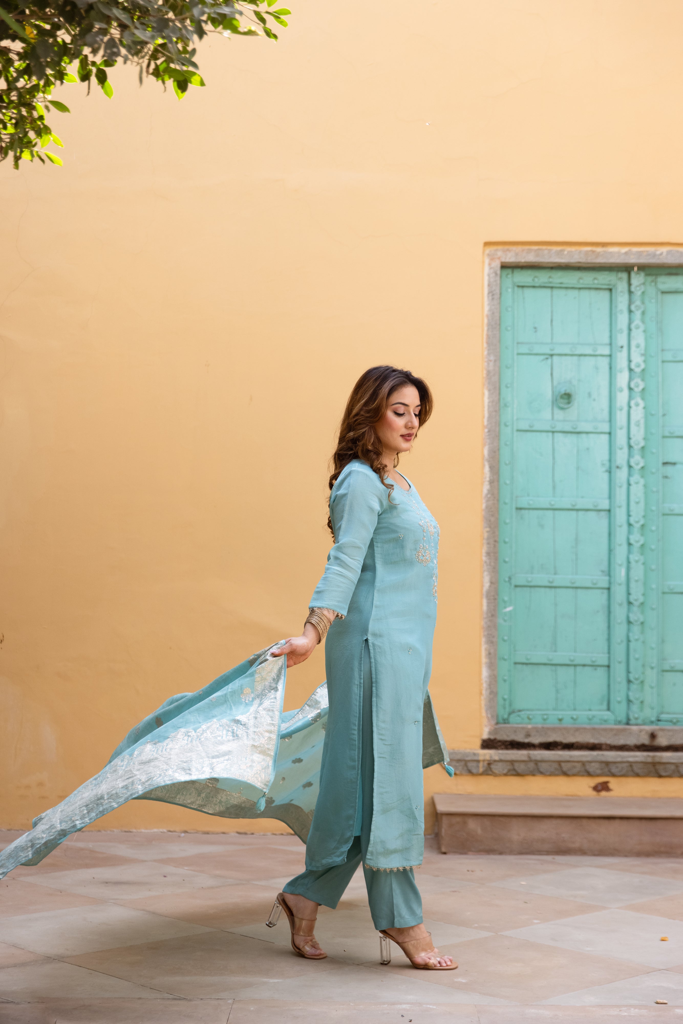 Sky Blue Viscose Simmer Kurta Pant and Dupatta Set