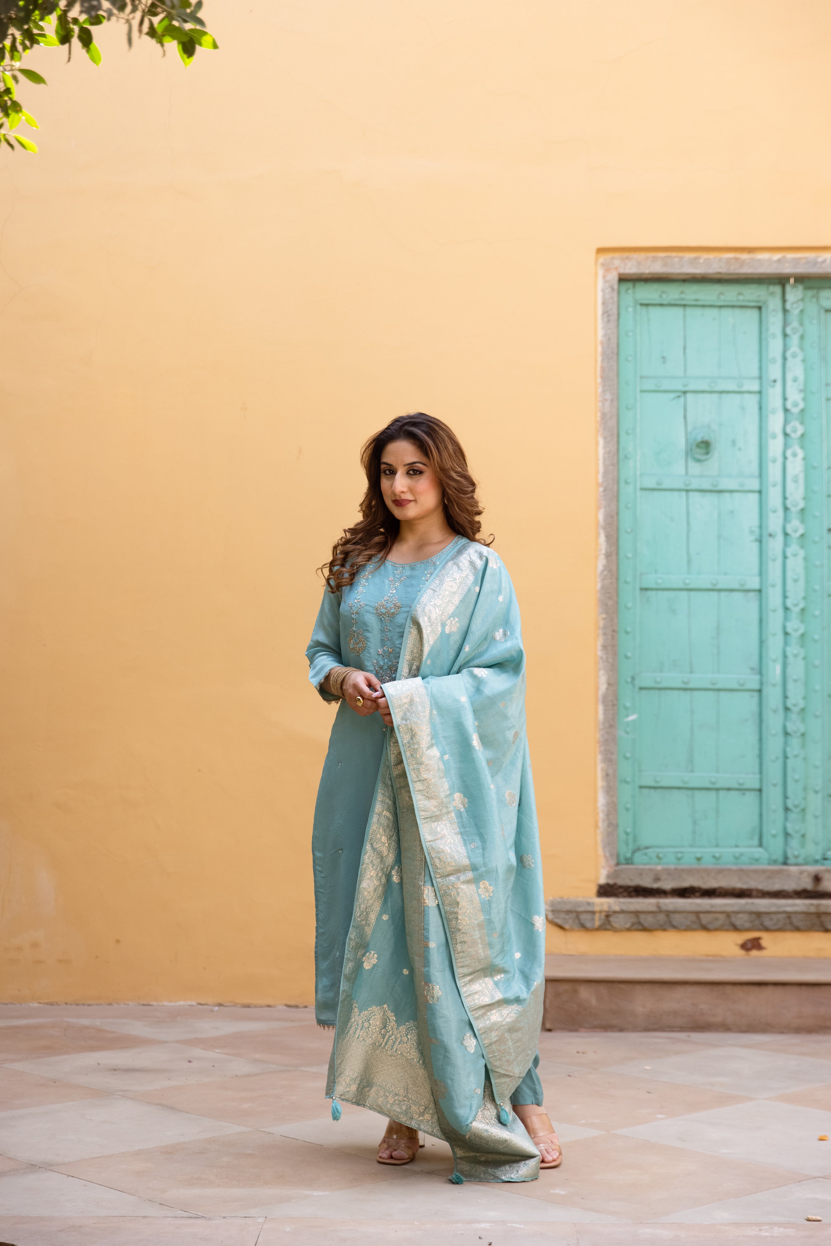 Sky Blue Viscose Simmer Kurta Pant and Dupatta Set