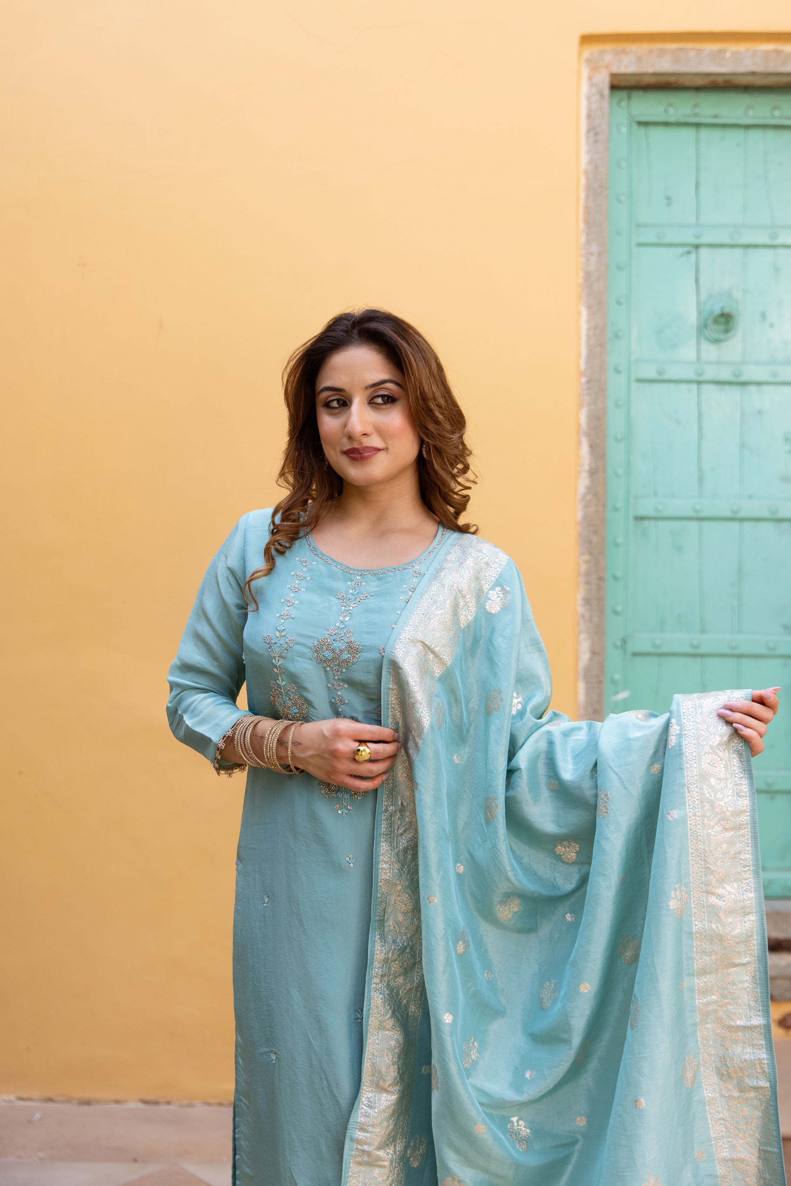 Sky Blue Viscose Simmer Kurta Pant and Dupatta Set