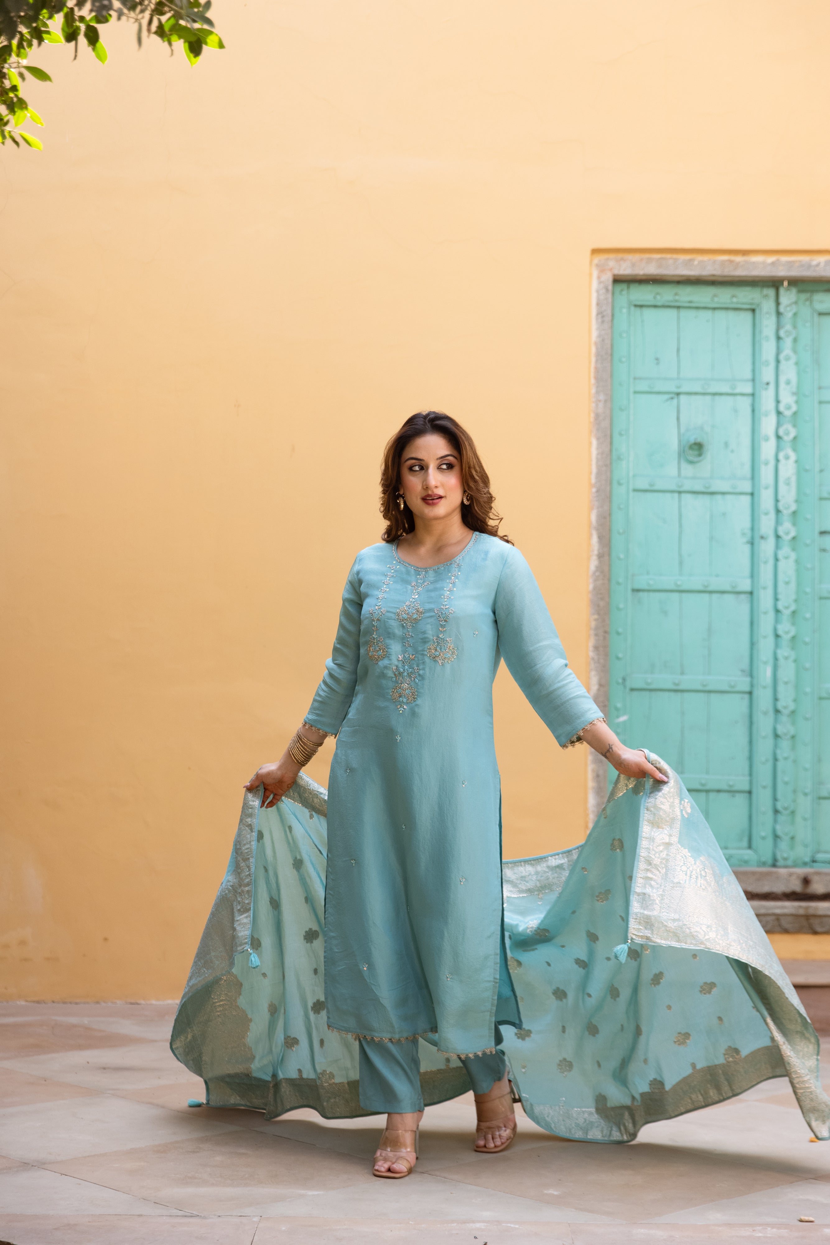 Sky Blue Viscose Simmer Kurta Pant and Dupatta Set