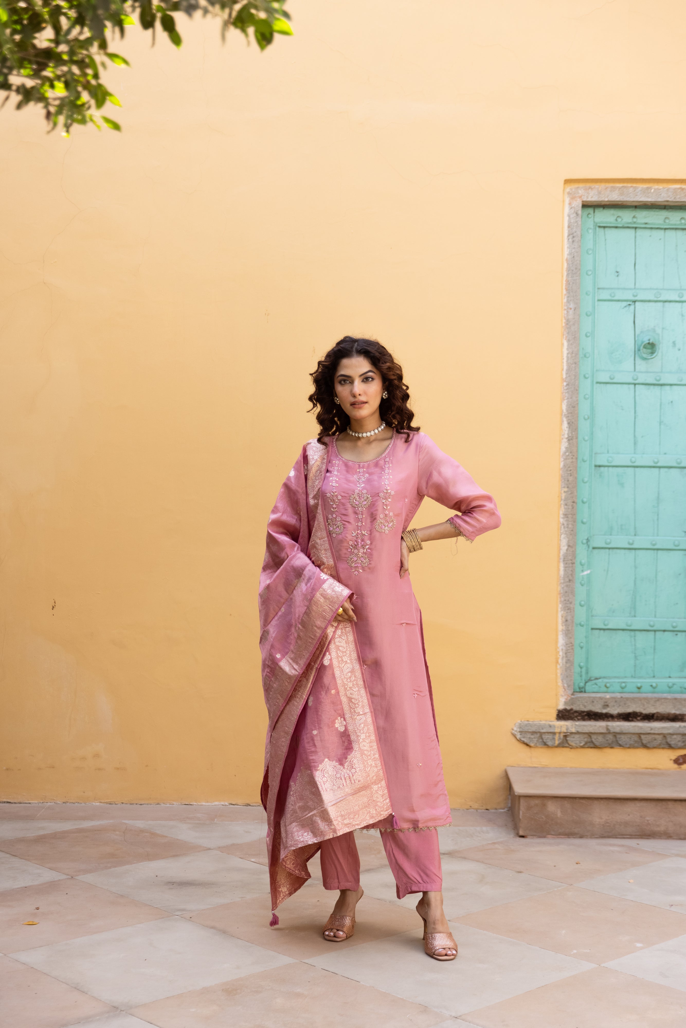 Peach Viscose Simmer Kurta Pant and Dupatta Set