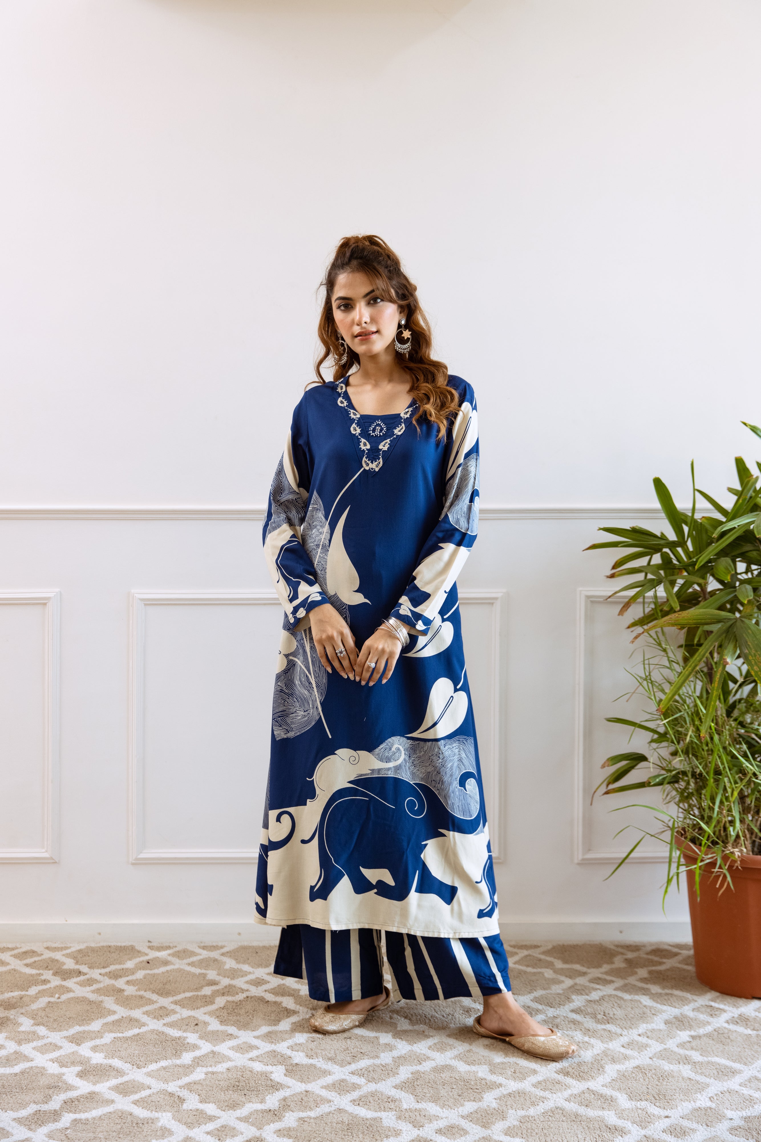 Women's Blue German Rayon Kurta and Palazzo Set