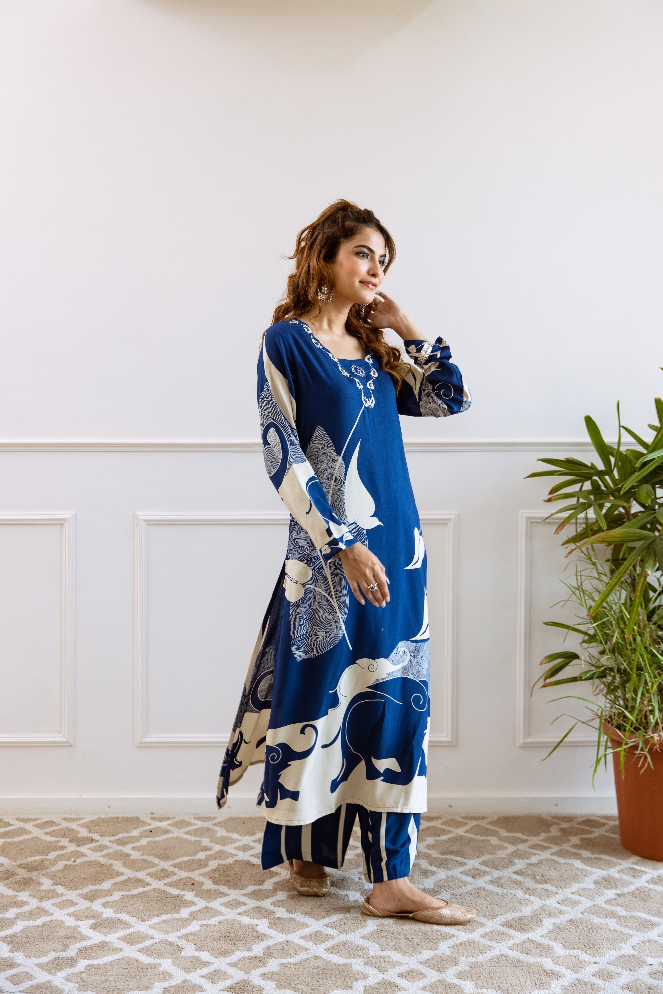 Women's Blue German Rayon Kurta and Palazzo Set