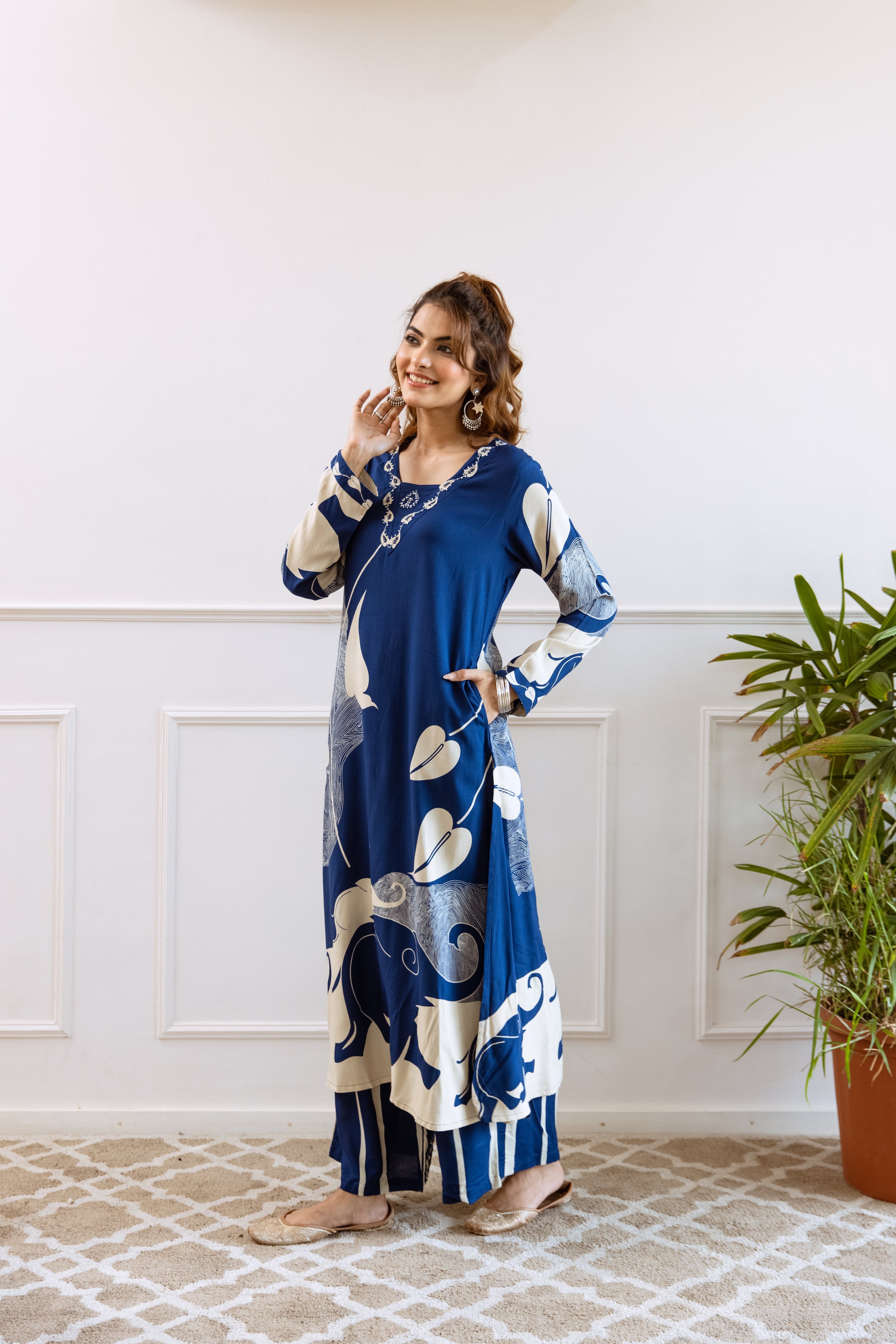 Women's Blue German Rayon Kurta and Palazzo Set