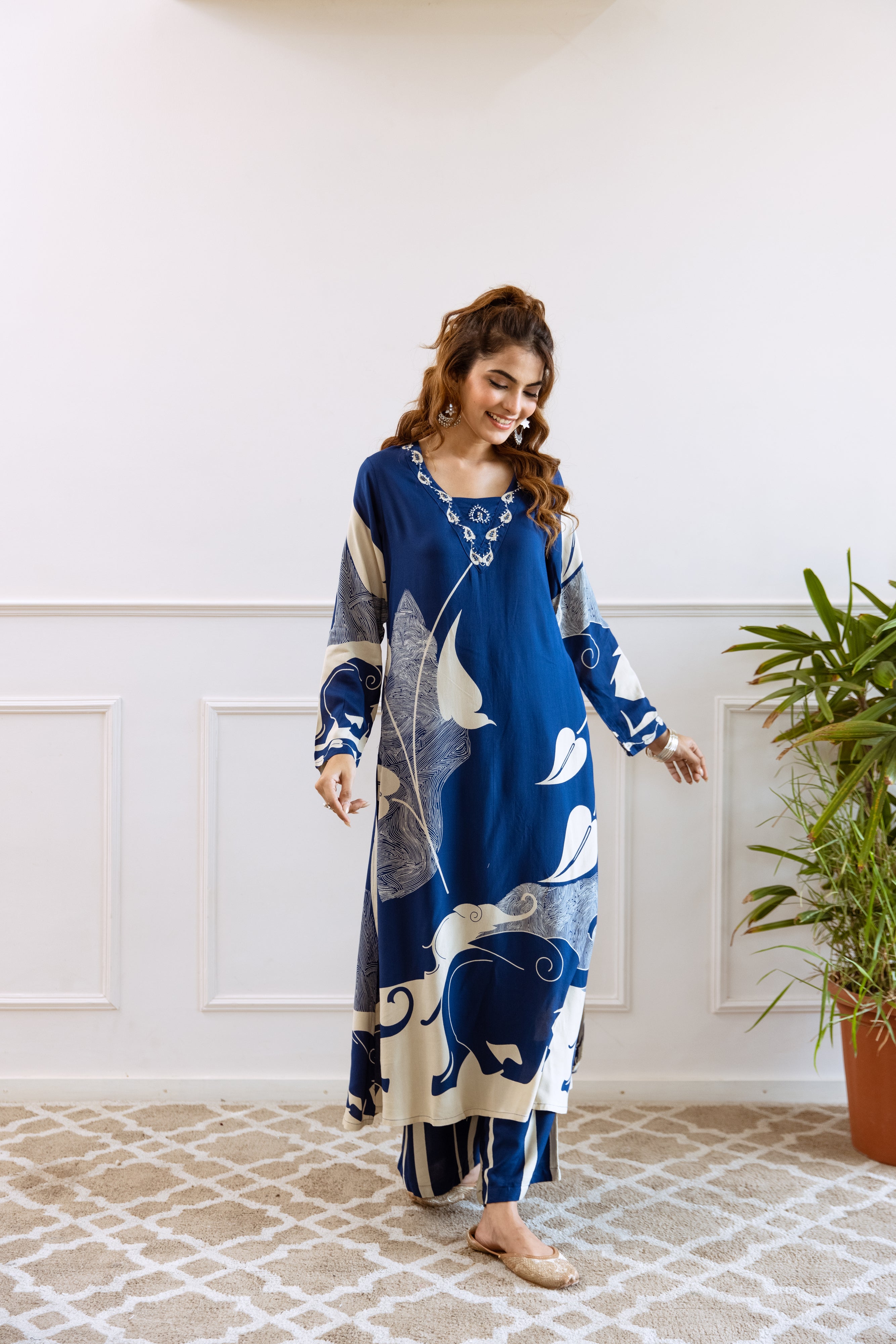 Women's Blue German Rayon Kurta and Palazzo Set