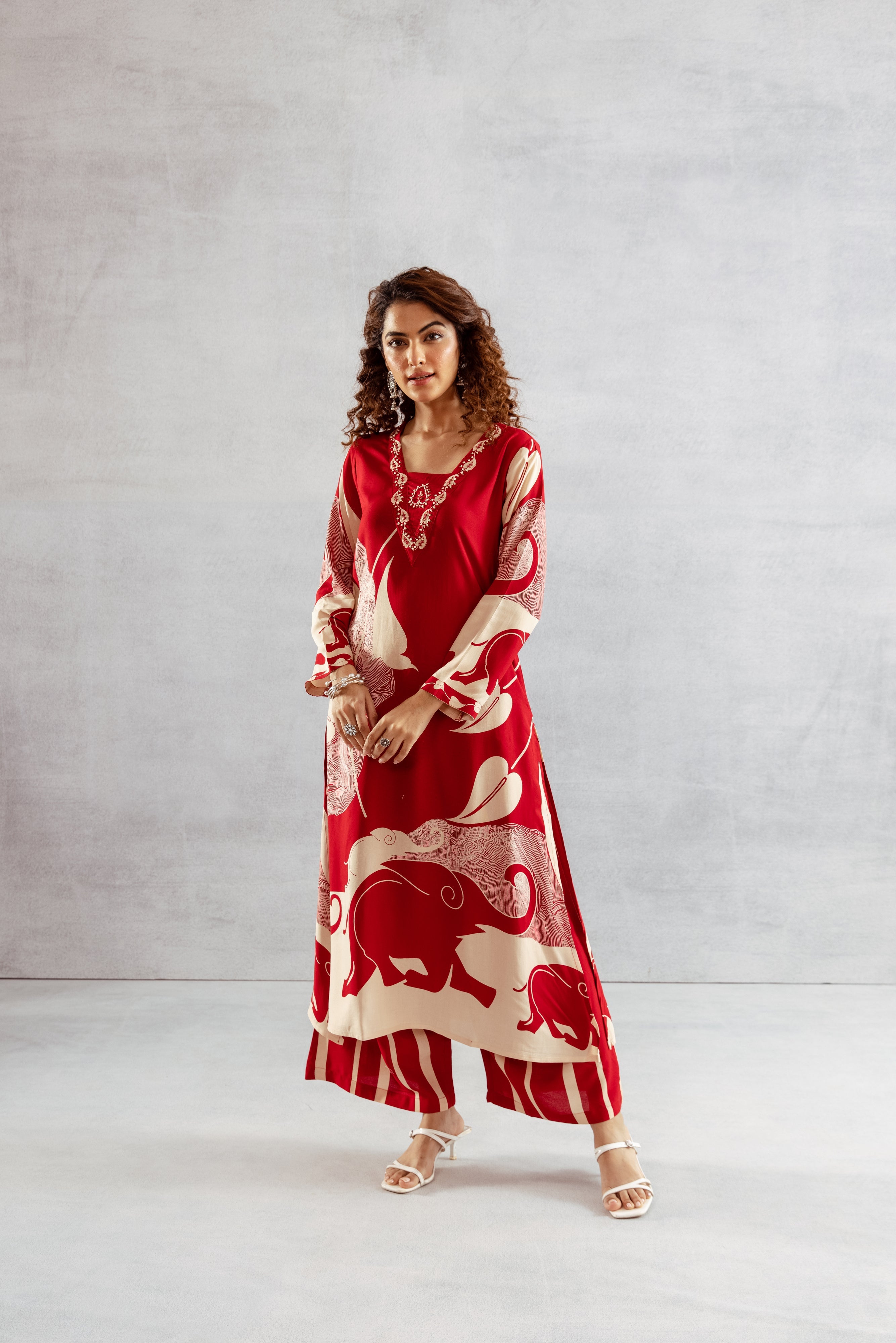 Women's Red German Rayon Kurta and Palazzo Set