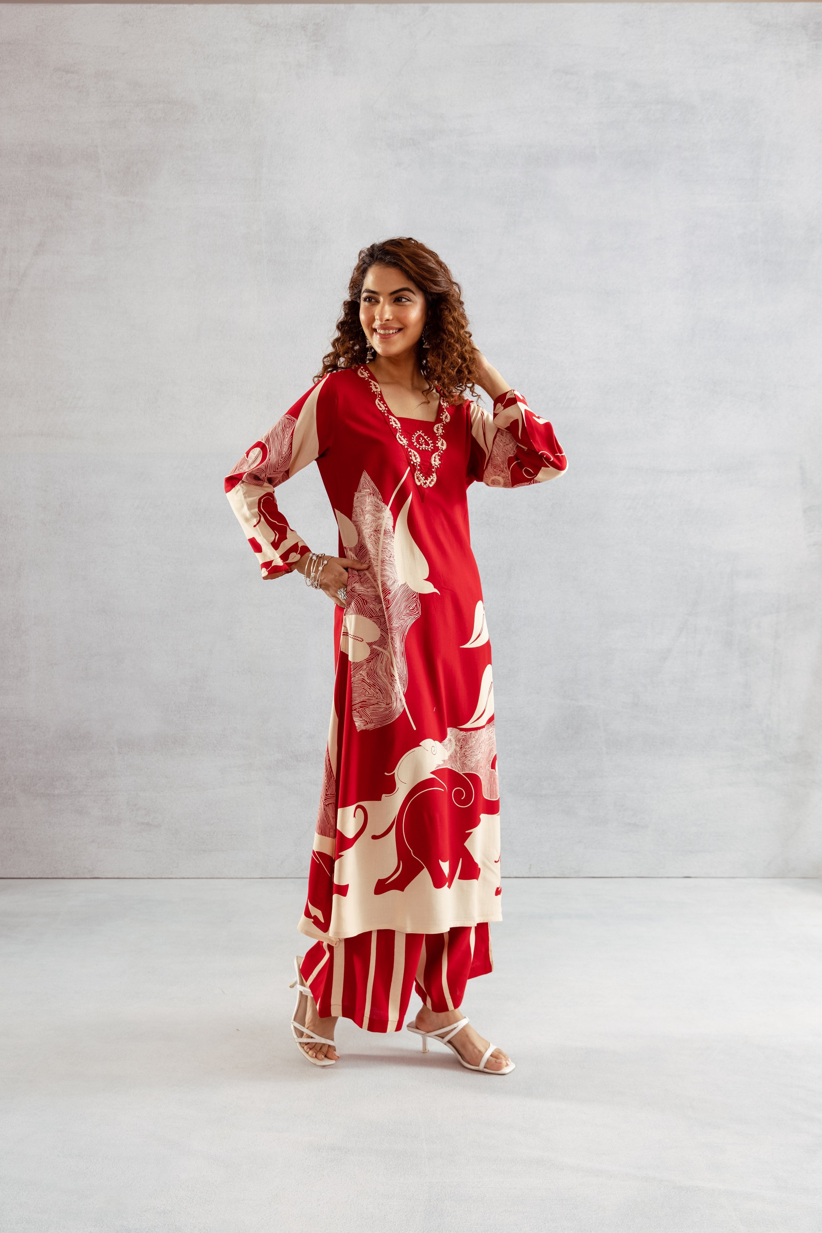 Women's Red German Rayon Kurta and Palazzo Set