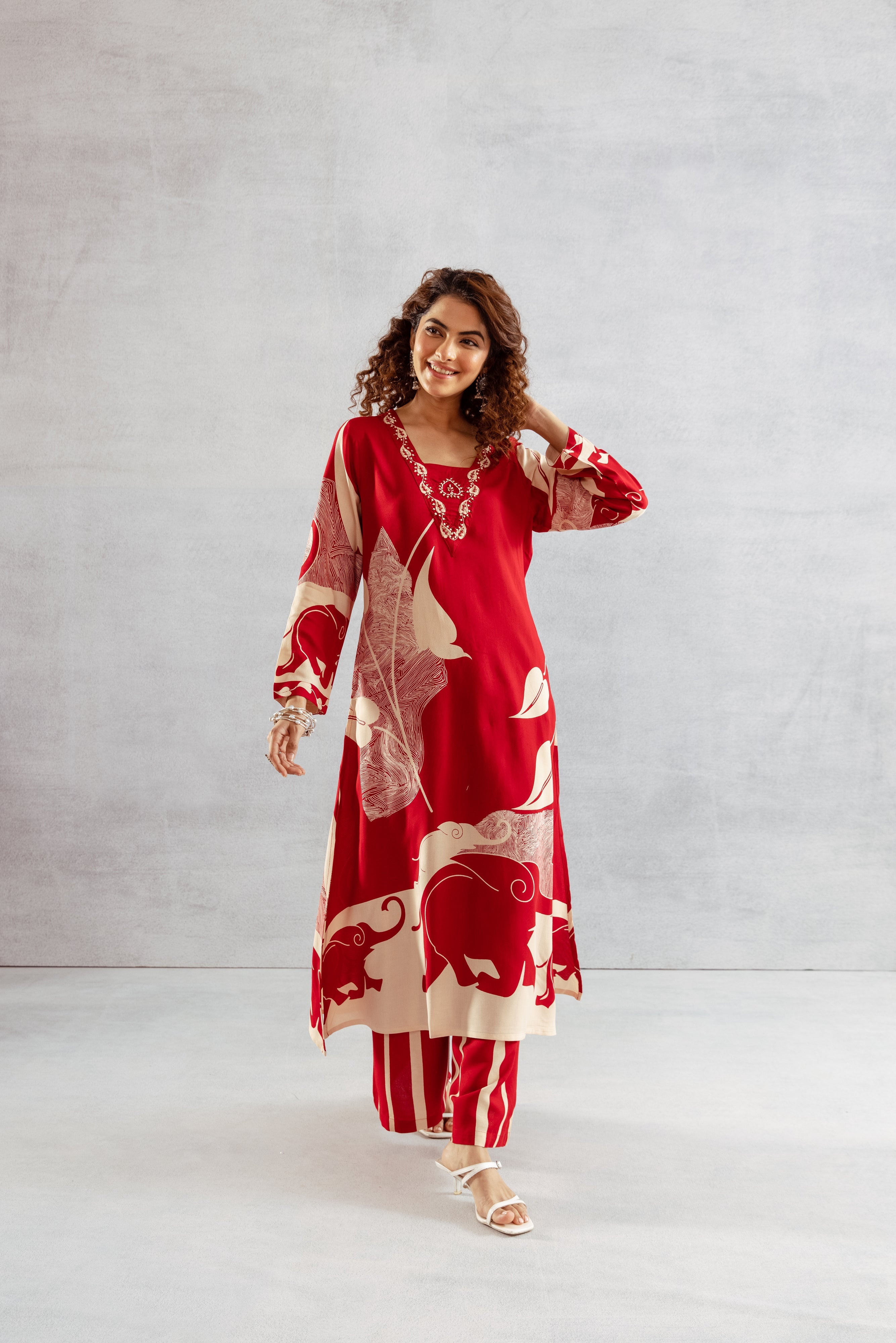 Women's Red German Rayon Kurta and Palazzo Set