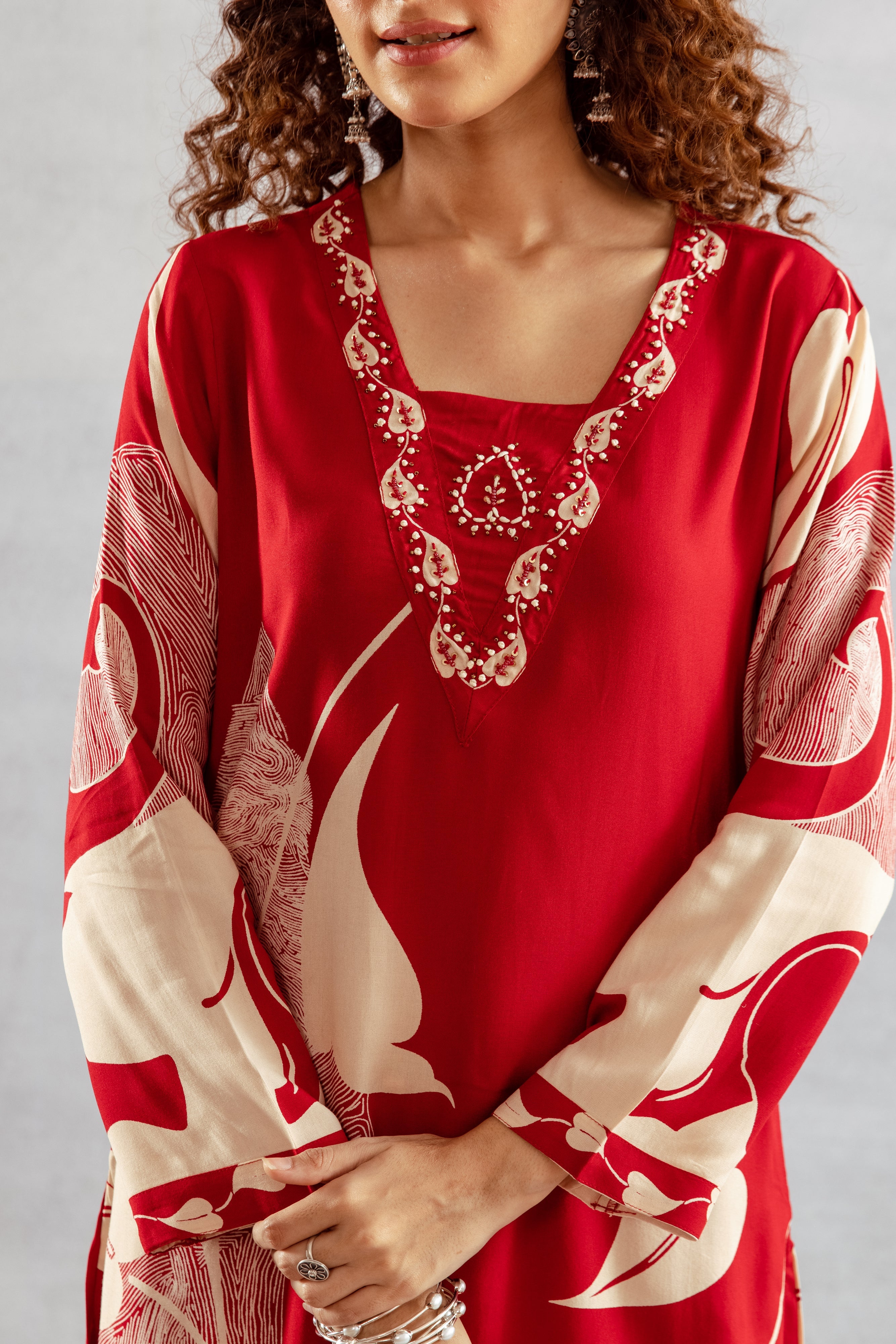 Women's Red German Rayon Kurta and Palazzo Set