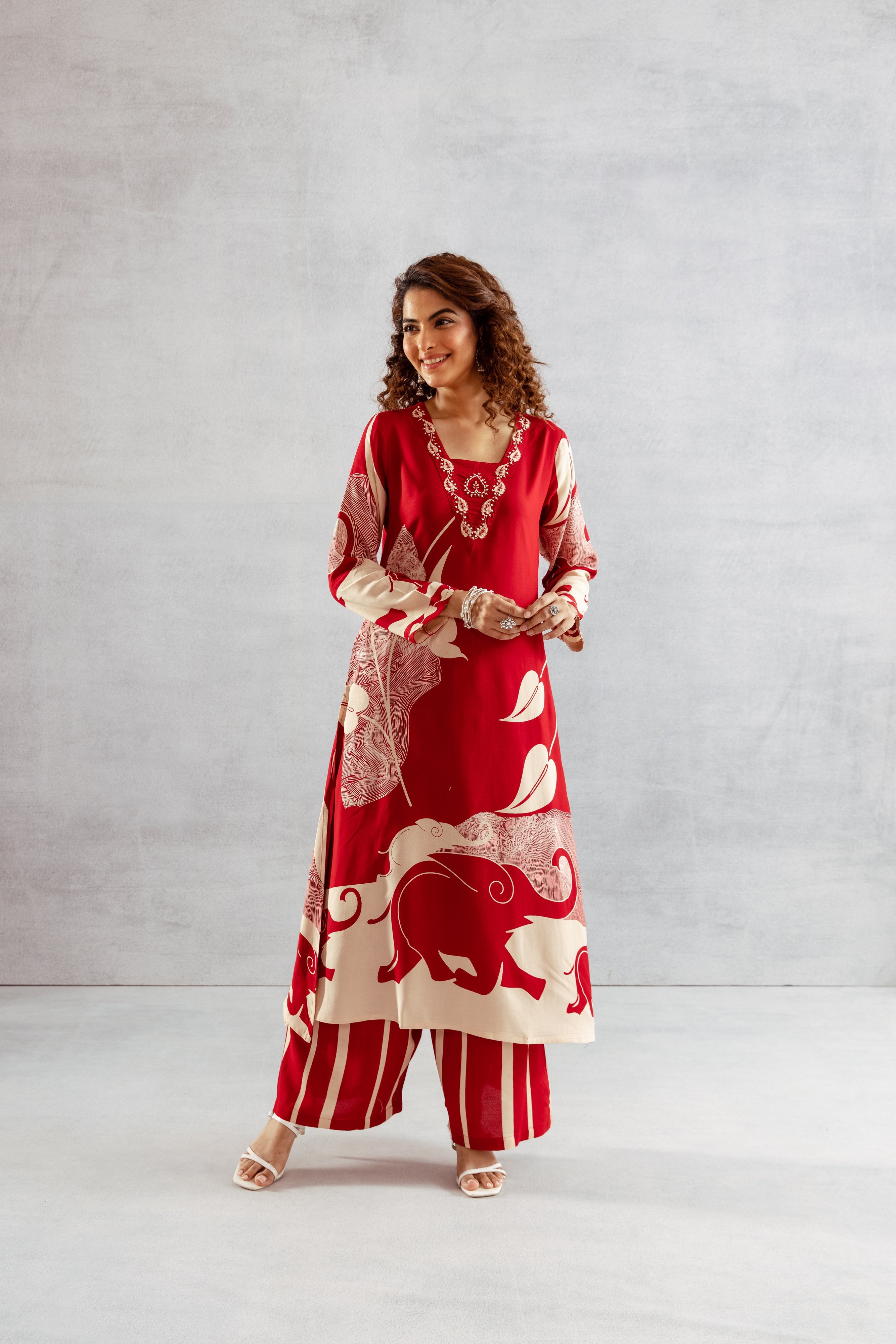 Women's Red German Rayon Kurta and Palazzo Set
