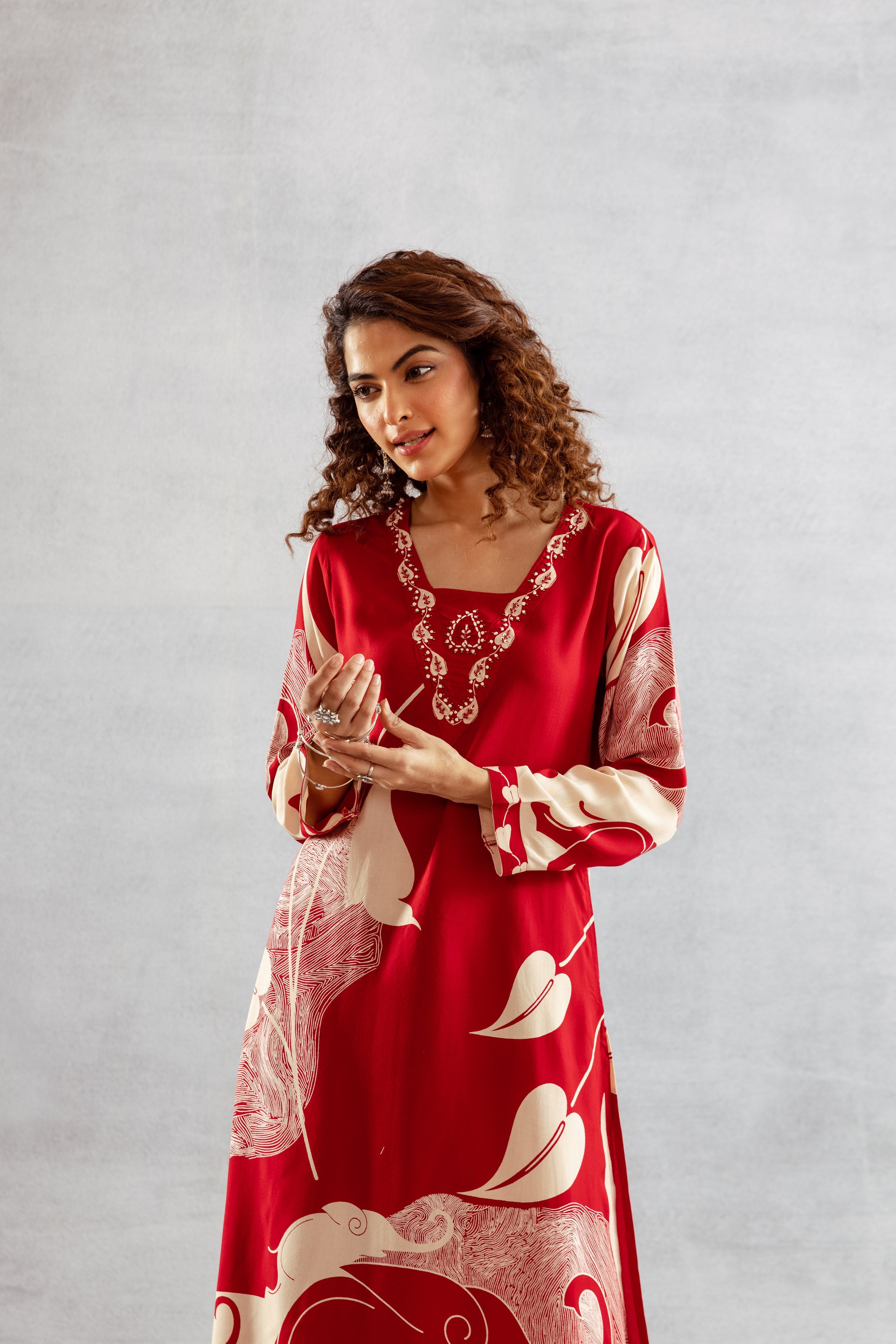 Women's Red German Rayon Kurta and Palazzo Set