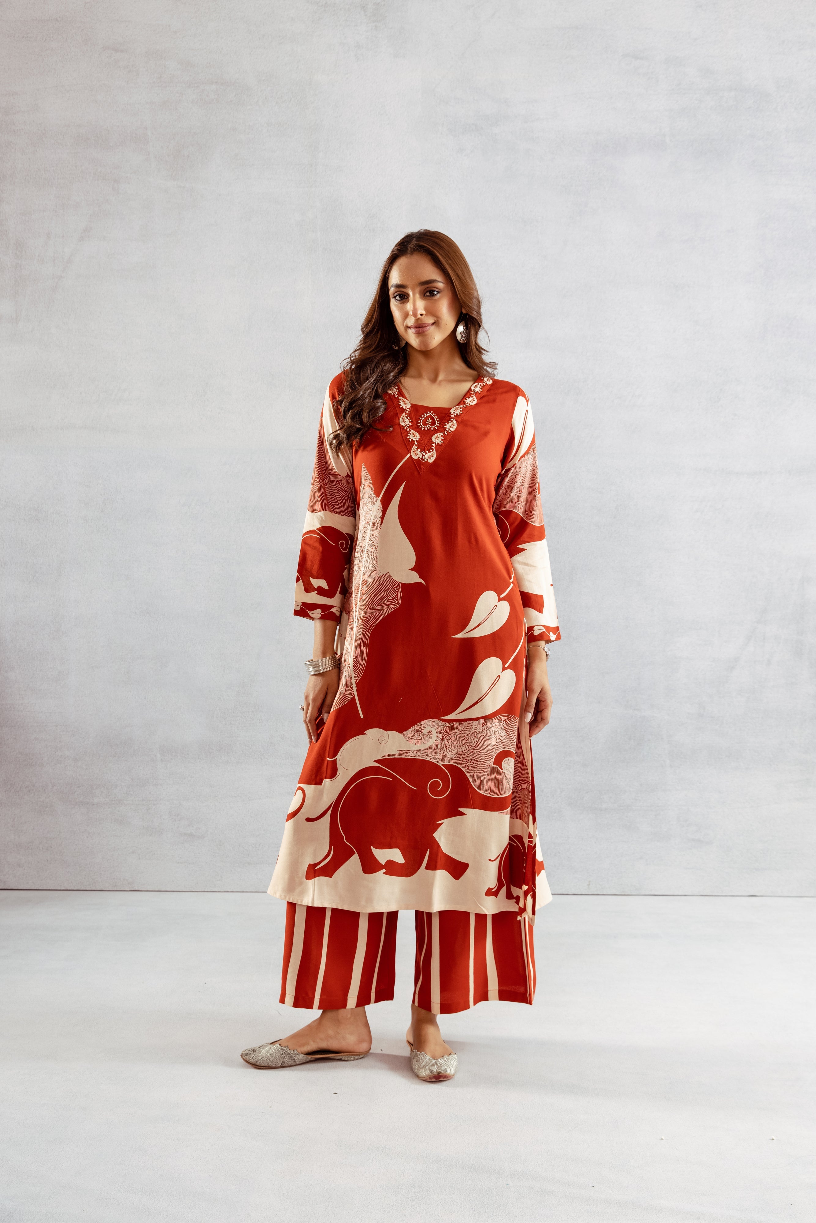Women's Rust German Rayon Kurta and Palazzo Set