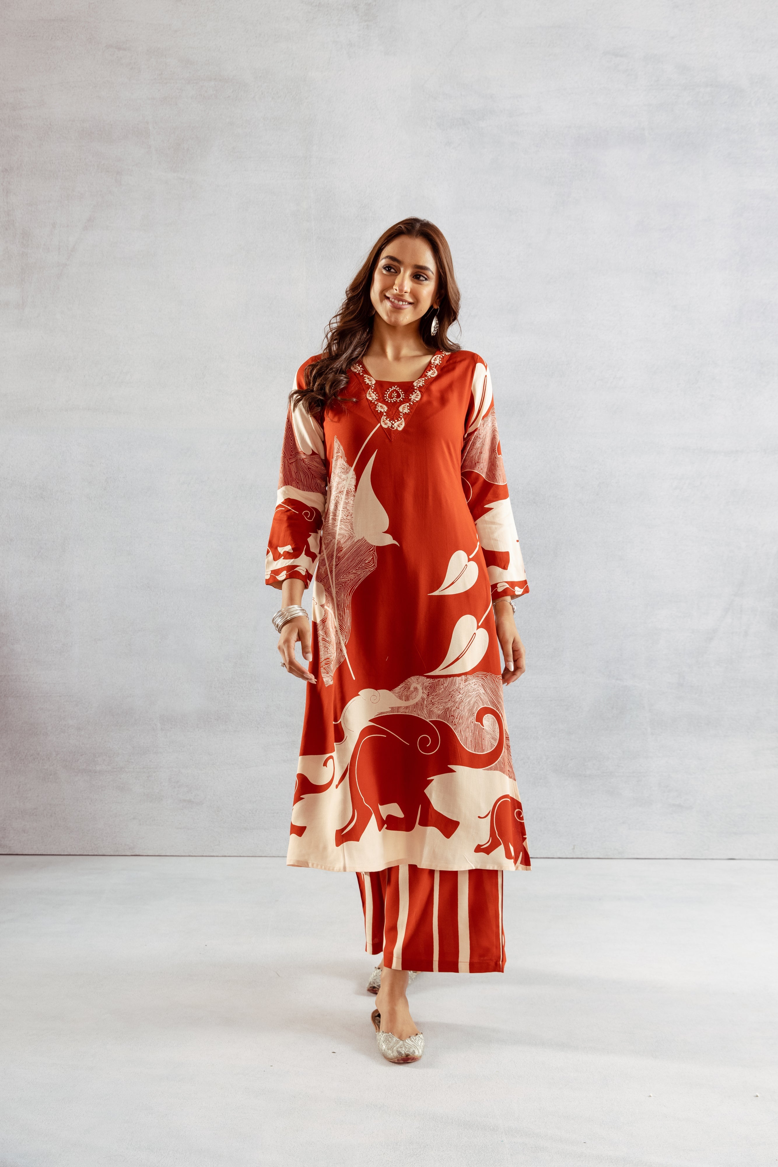 Women's Rust German Rayon Kurta and Palazzo Set