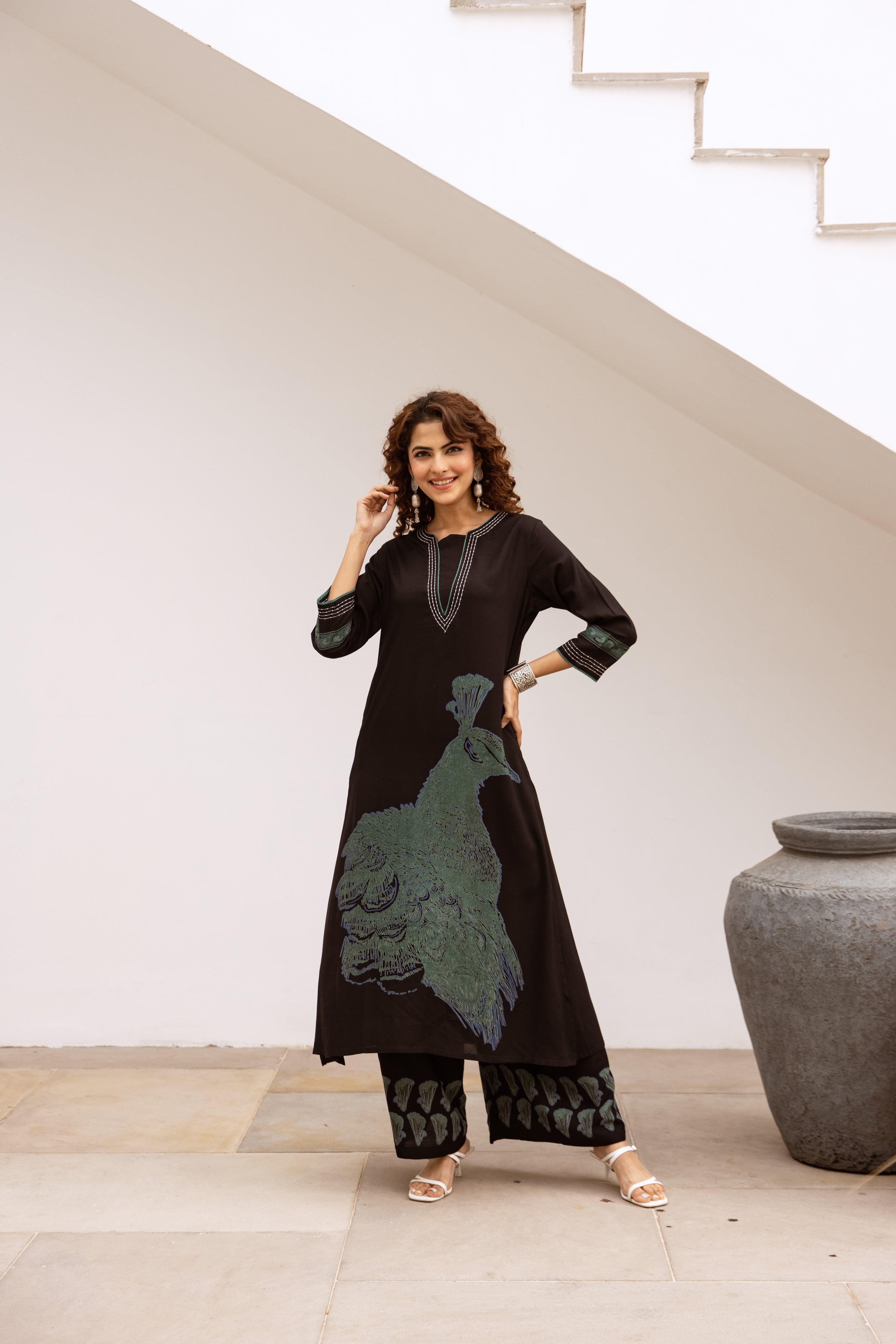 Women's Black German Rayon Kurta and Palazzo Set