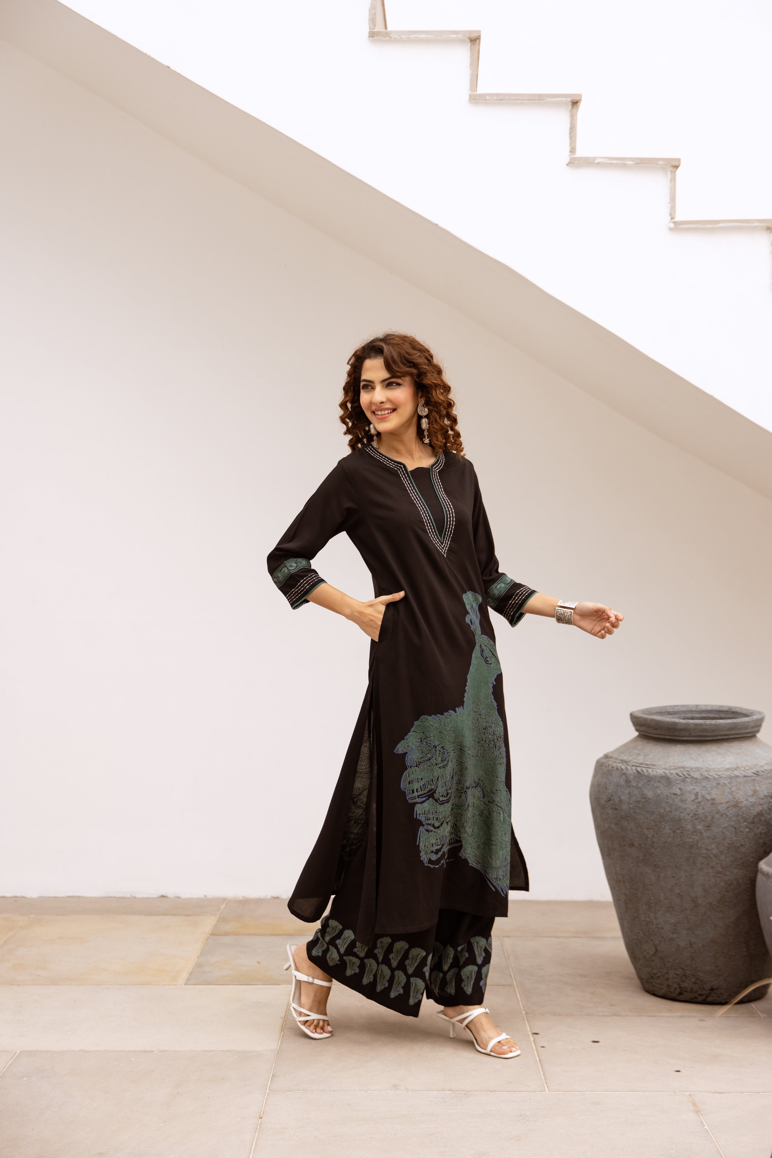 Women's Black German Rayon Kurta and Palazzo Set