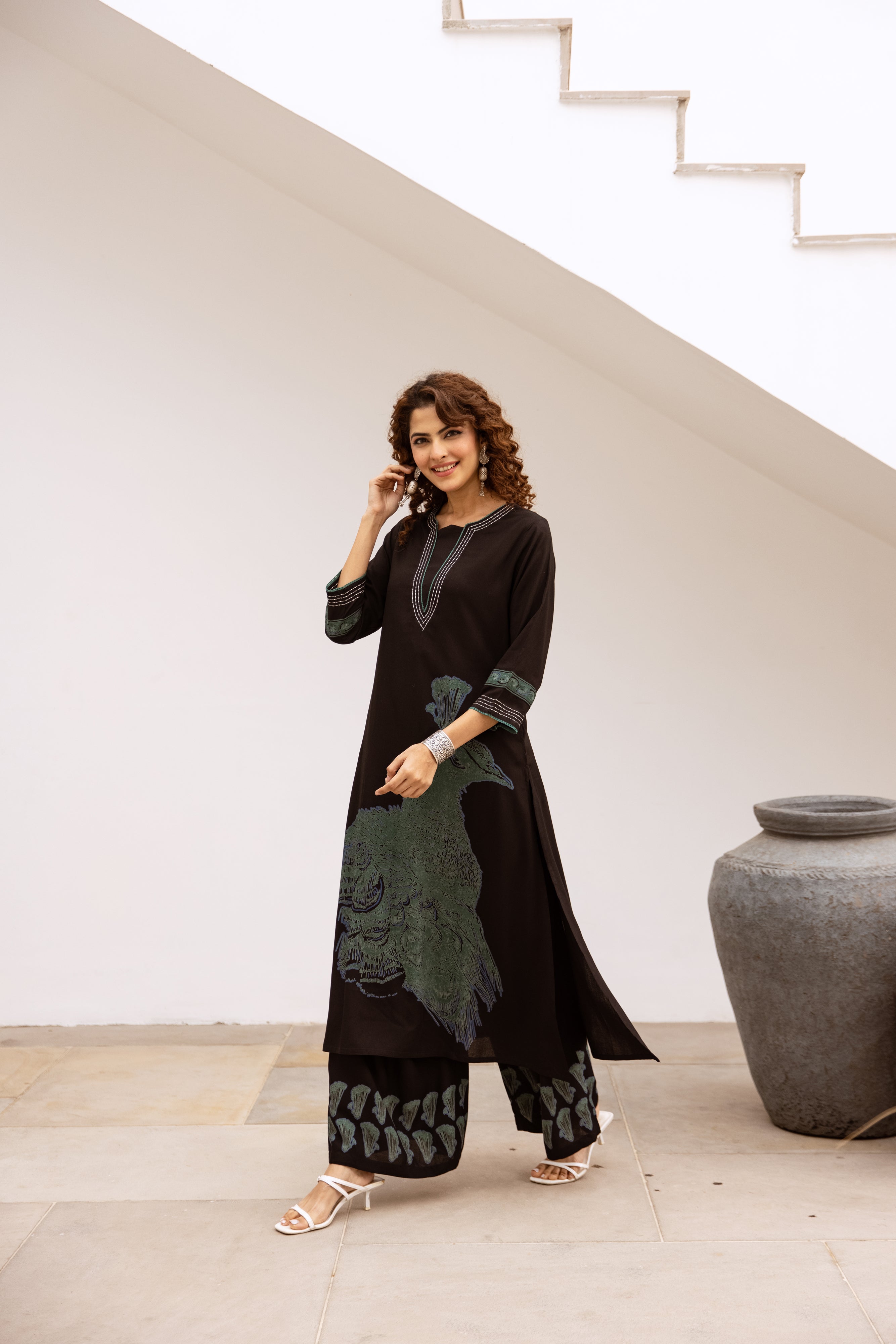 Women's Black German Rayon Kurta and Palazzo Set