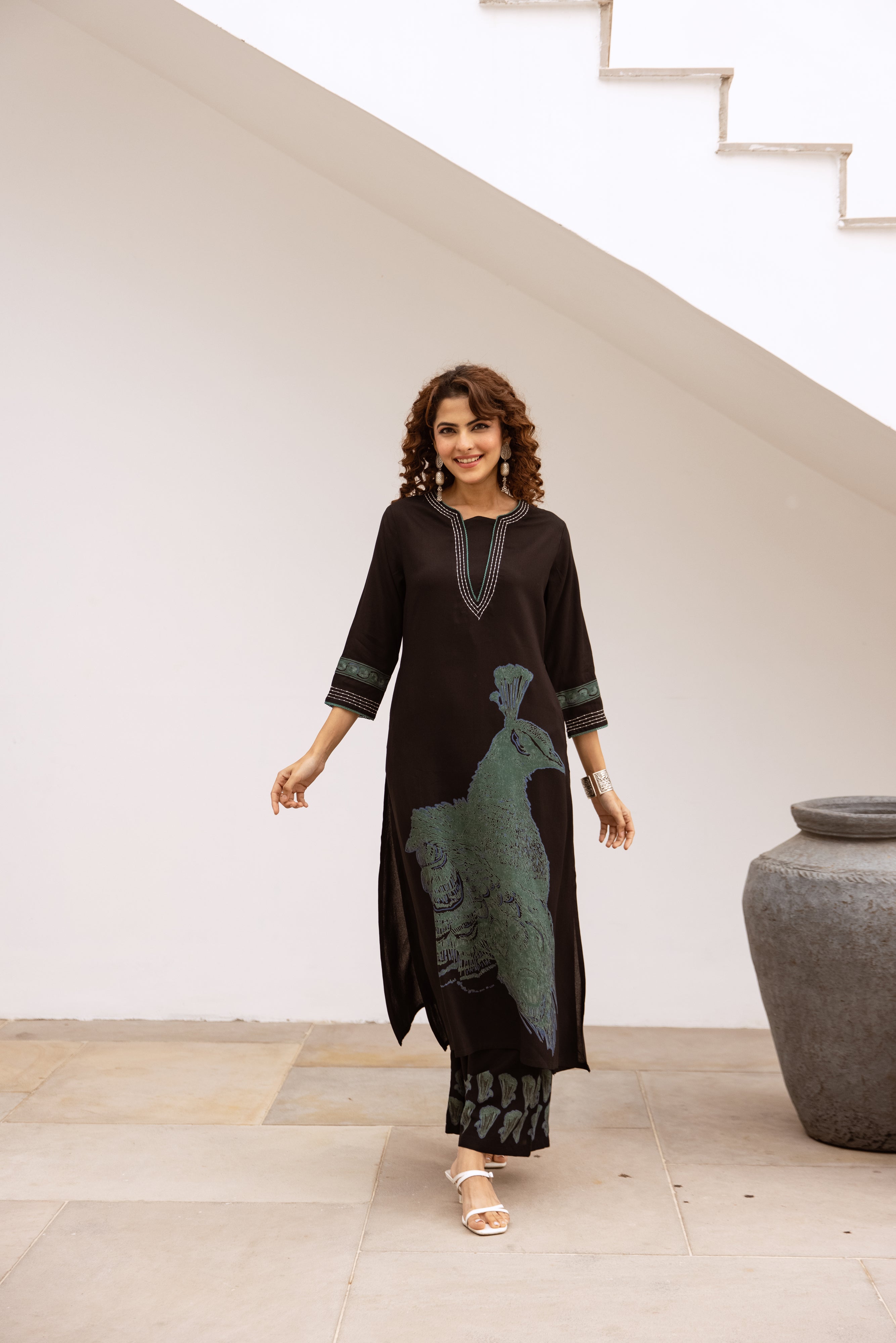 Women's Black German Rayon Kurta and Palazzo Set