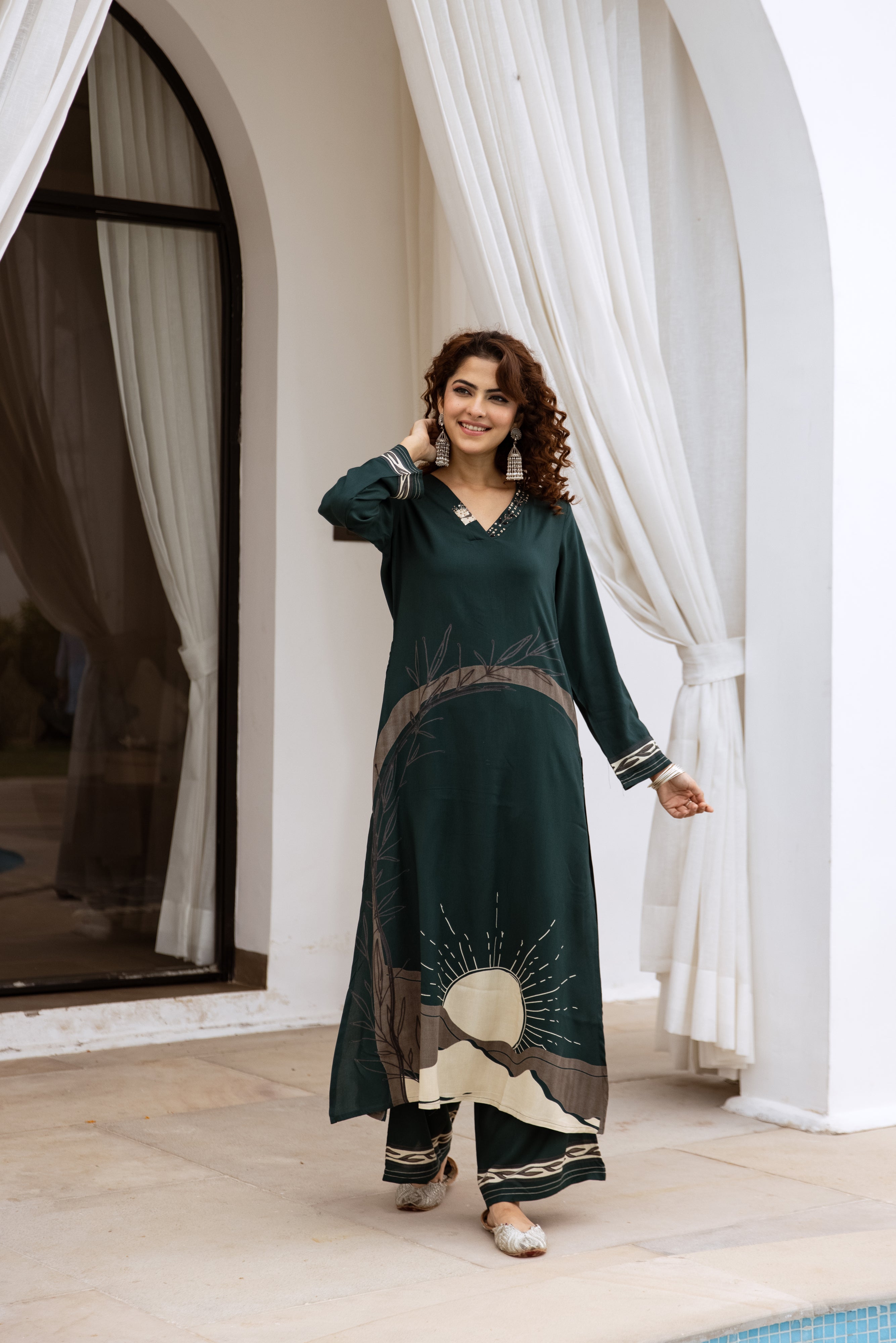 Women's Deep Green German Rayon Kurta and Palazzo Set