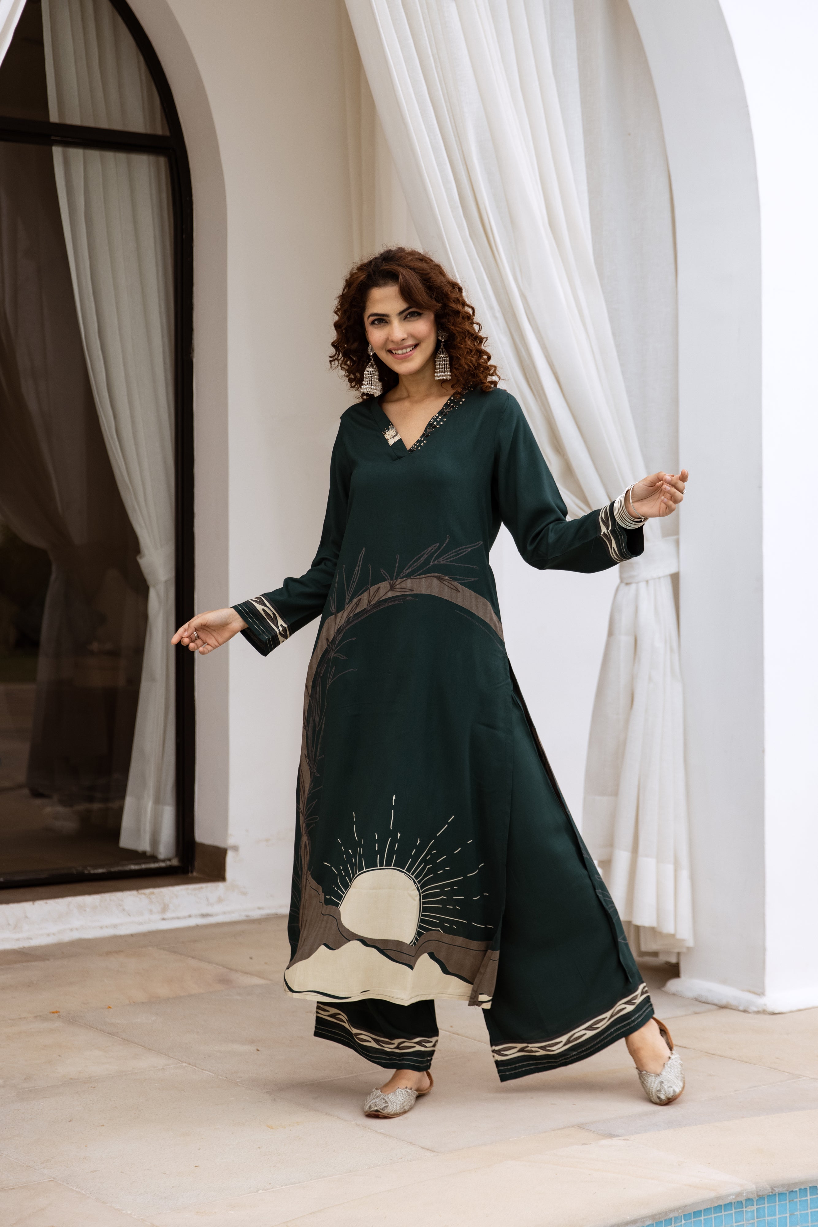 Women's Deep Green German Rayon Kurta and Palazzo Set