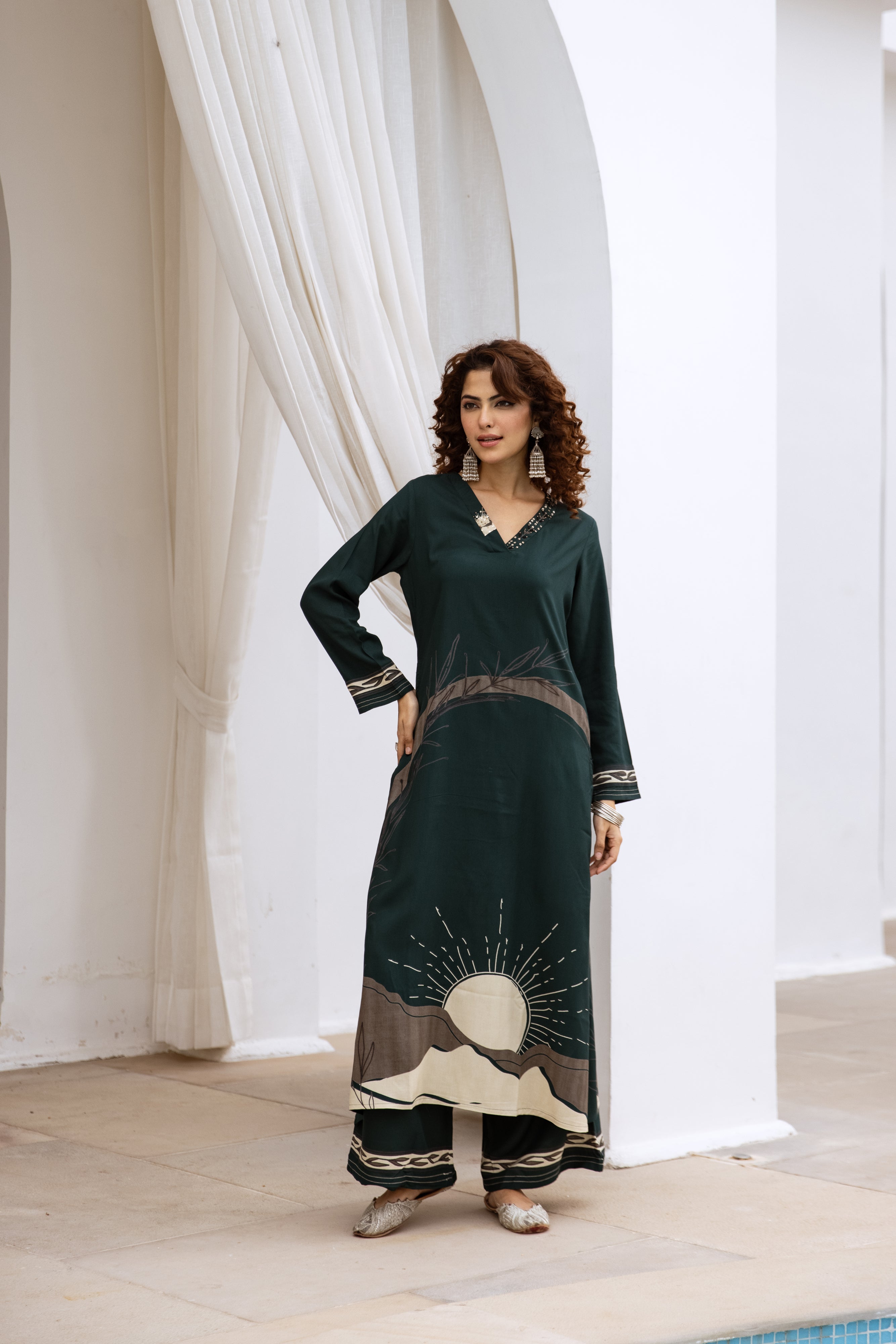 Women's Deep Green German Rayon Kurta and Palazzo Set