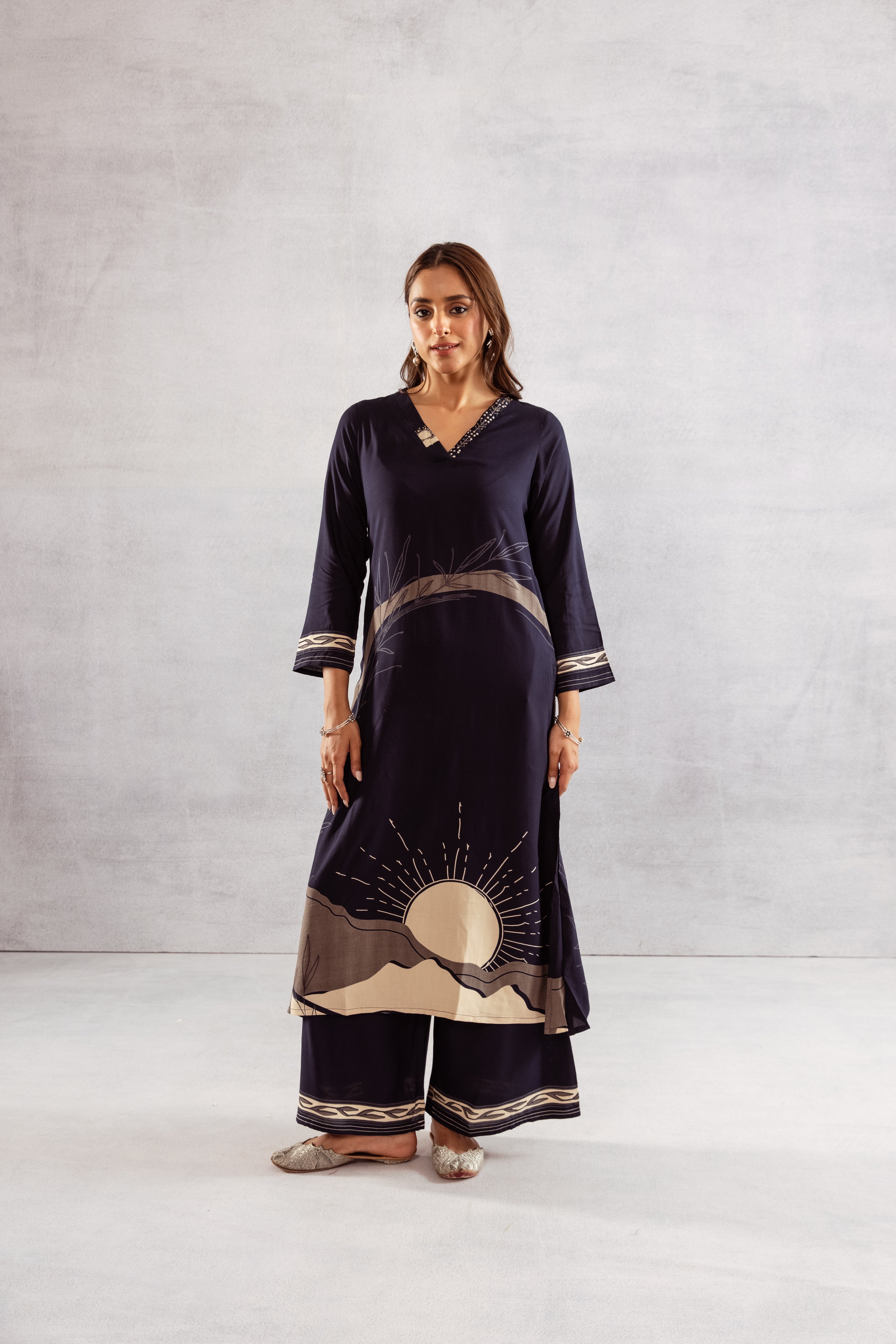 Women's Navy Blue German Rayon Kurta and Palazzo Set