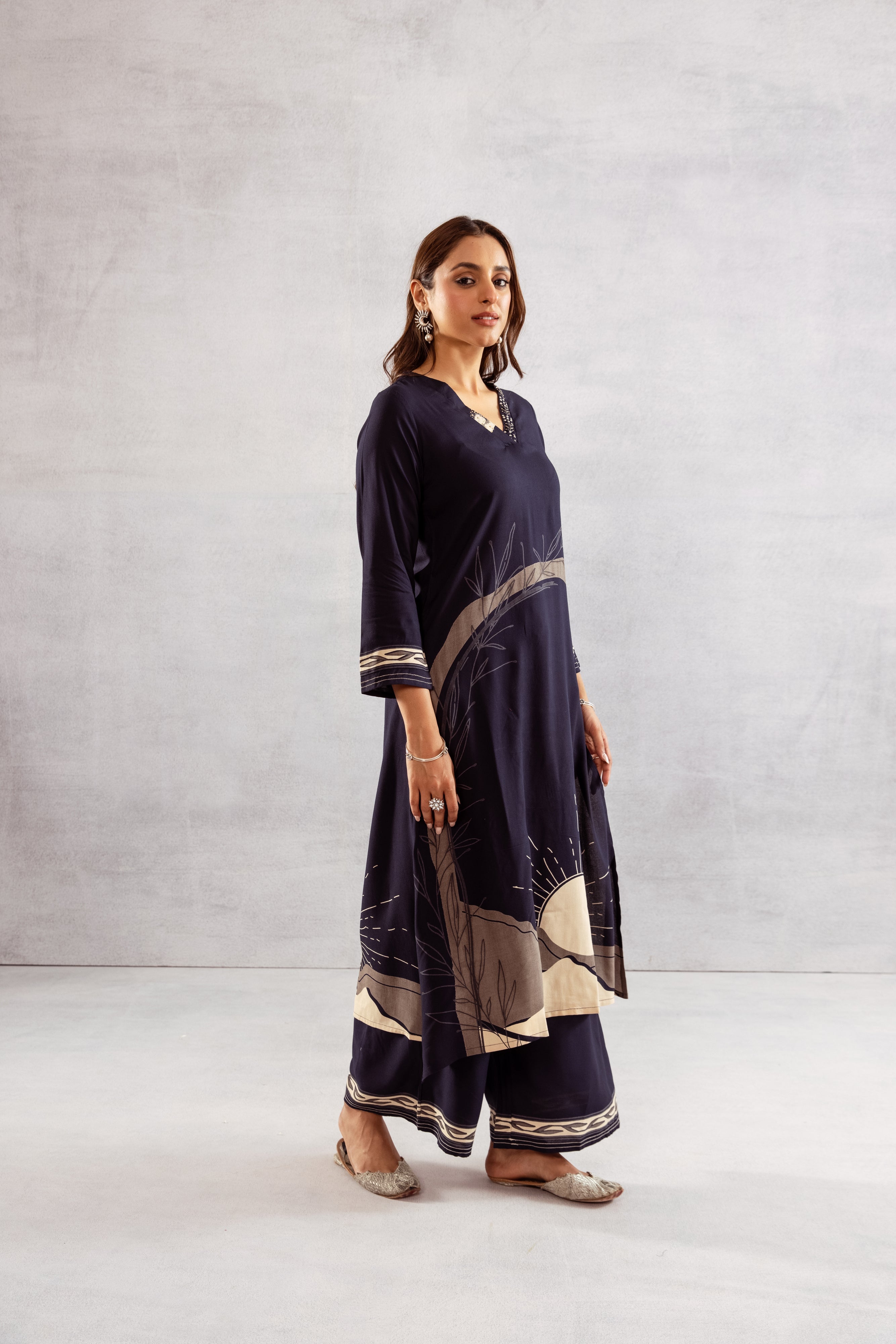 Women's Navy Blue German Rayon Kurta and Palazzo Set
