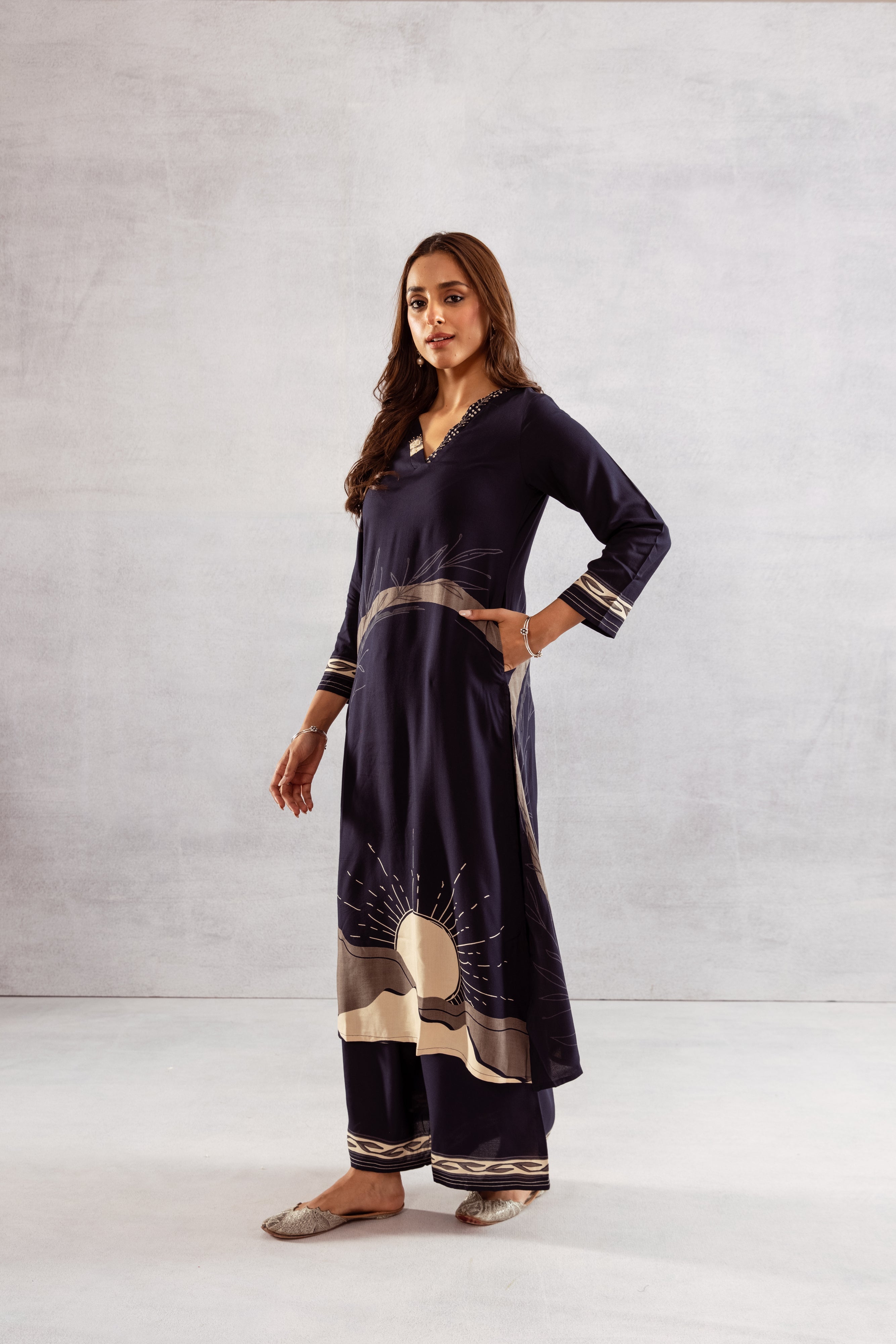Women's Navy Blue German Rayon Kurta and Palazzo Set
