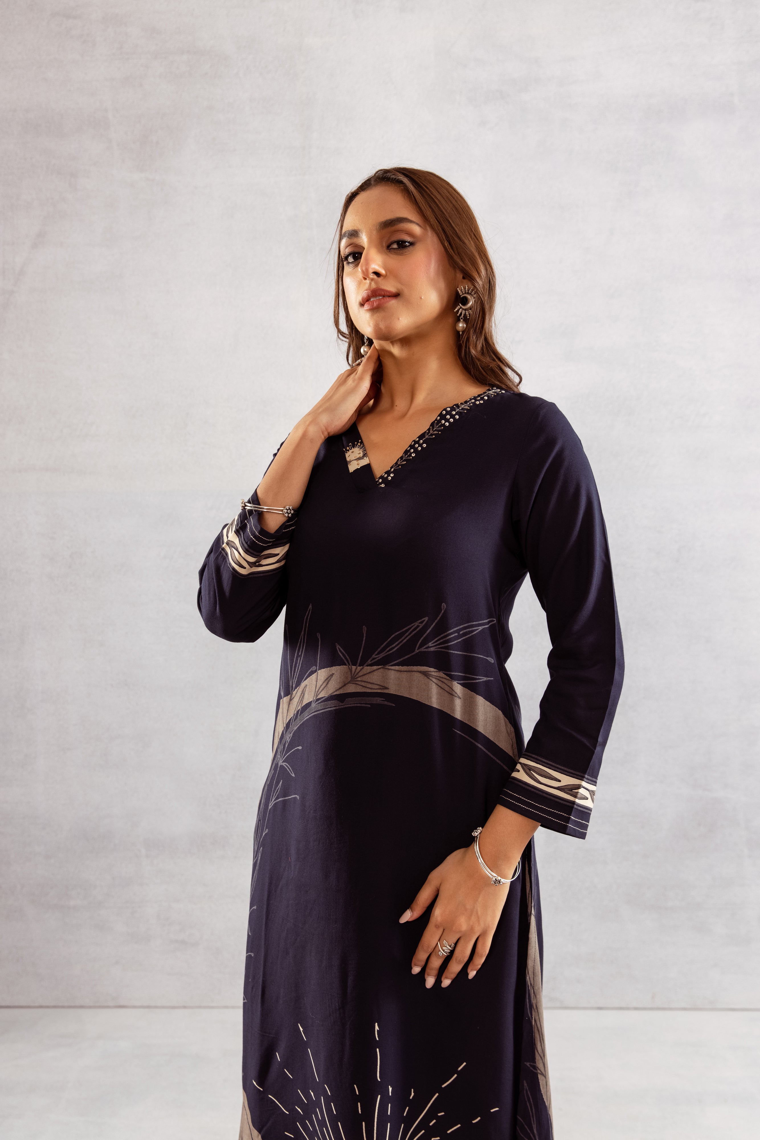 Women's Navy Blue German Rayon Kurta and Palazzo Set