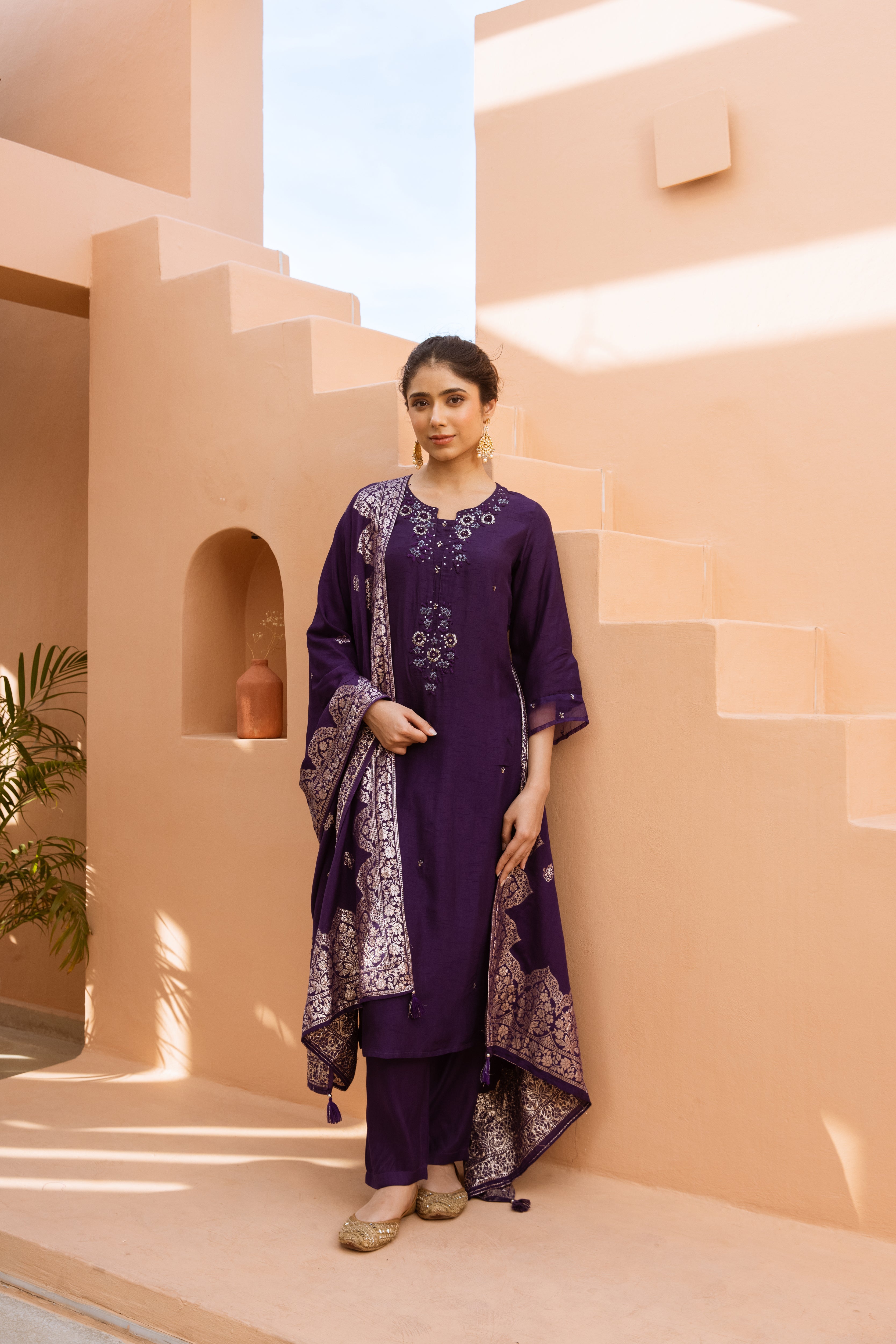 Women's Purple Dola Silk Kurta Pant and Dupatta Set