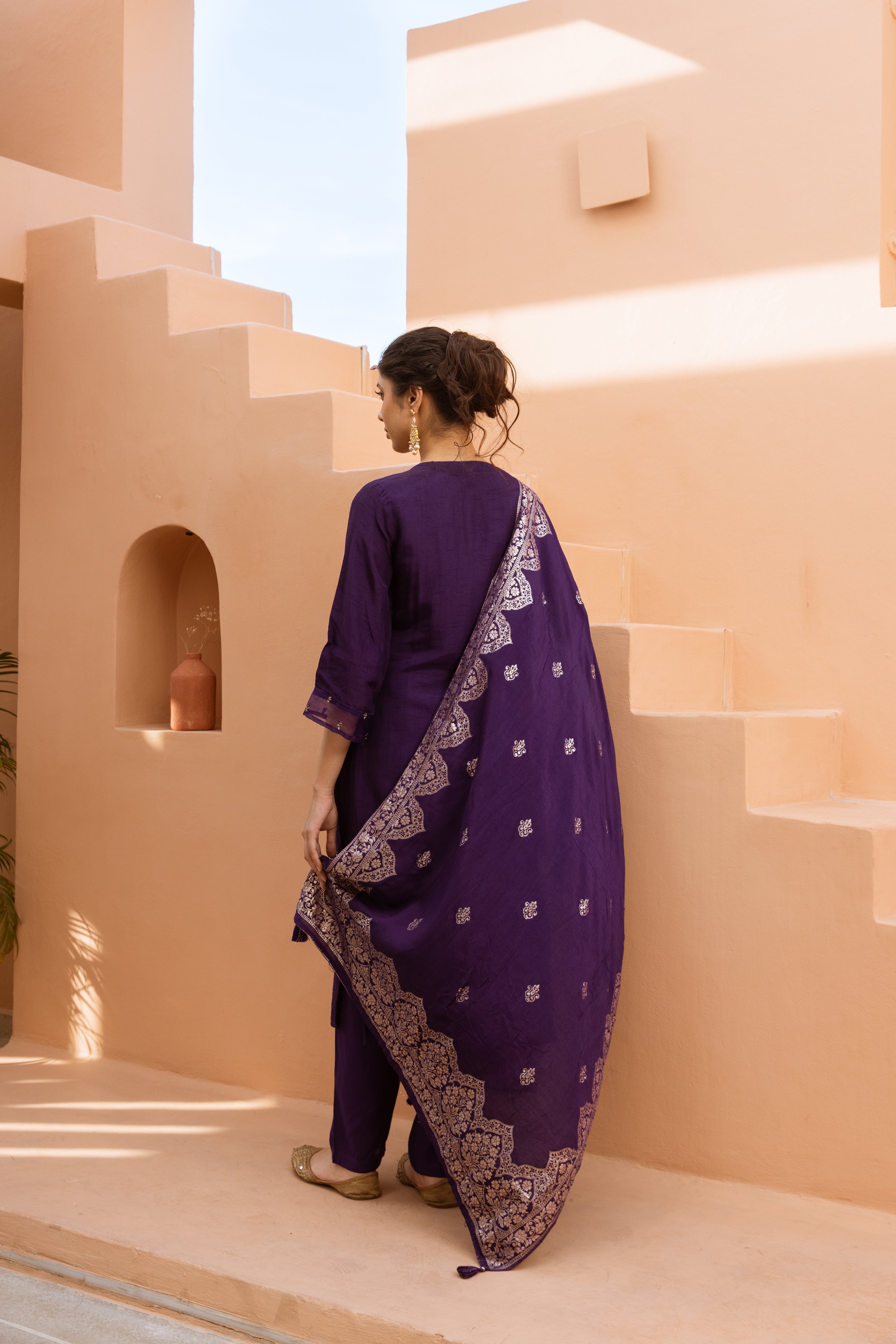 Women's Purple Dola Silk Kurta Pant and Dupatta Set