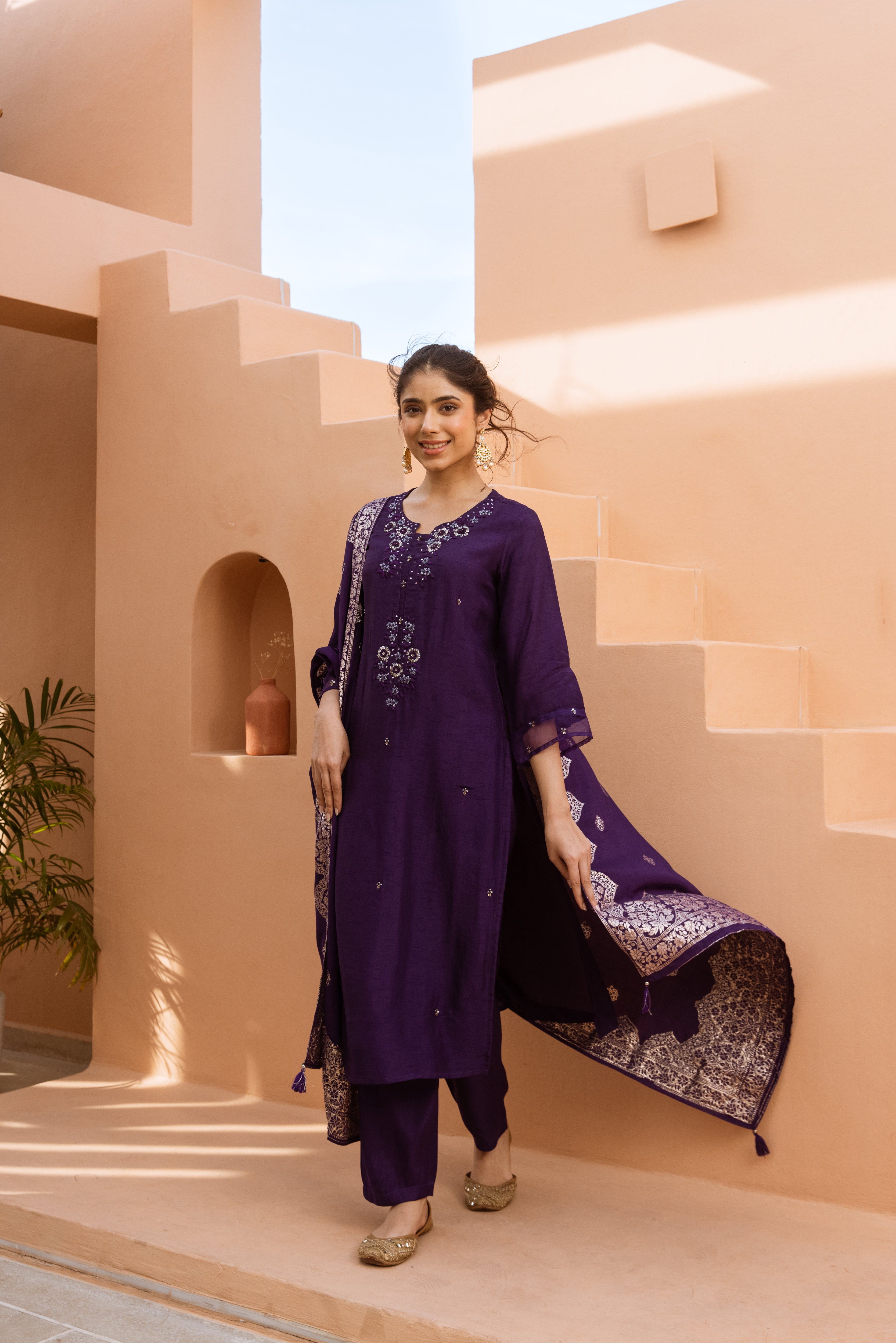 Women's Purple Dola Silk Kurta Pant and Dupatta Set