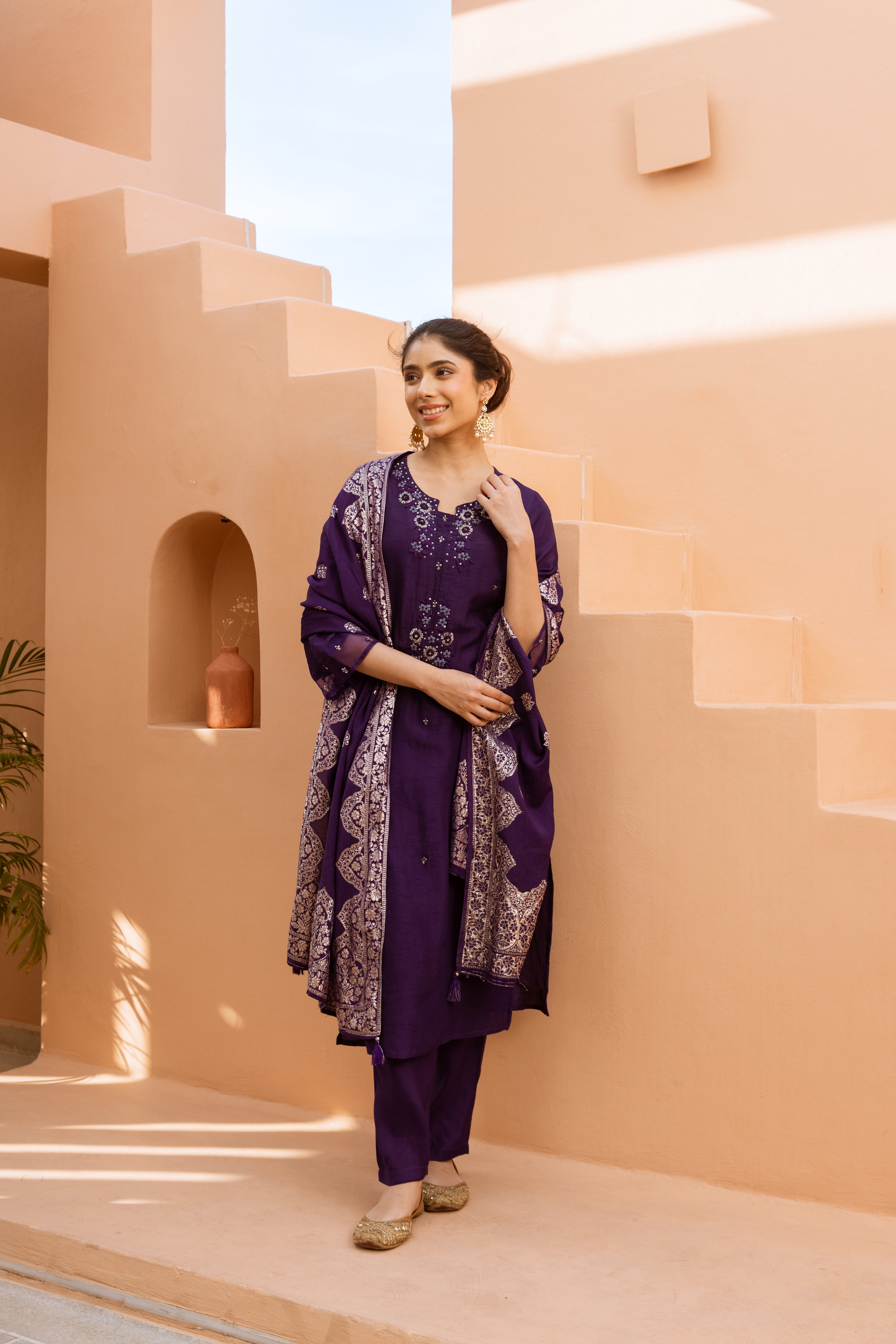 Women's Purple Dola Silk Kurta Pant and Dupatta Set