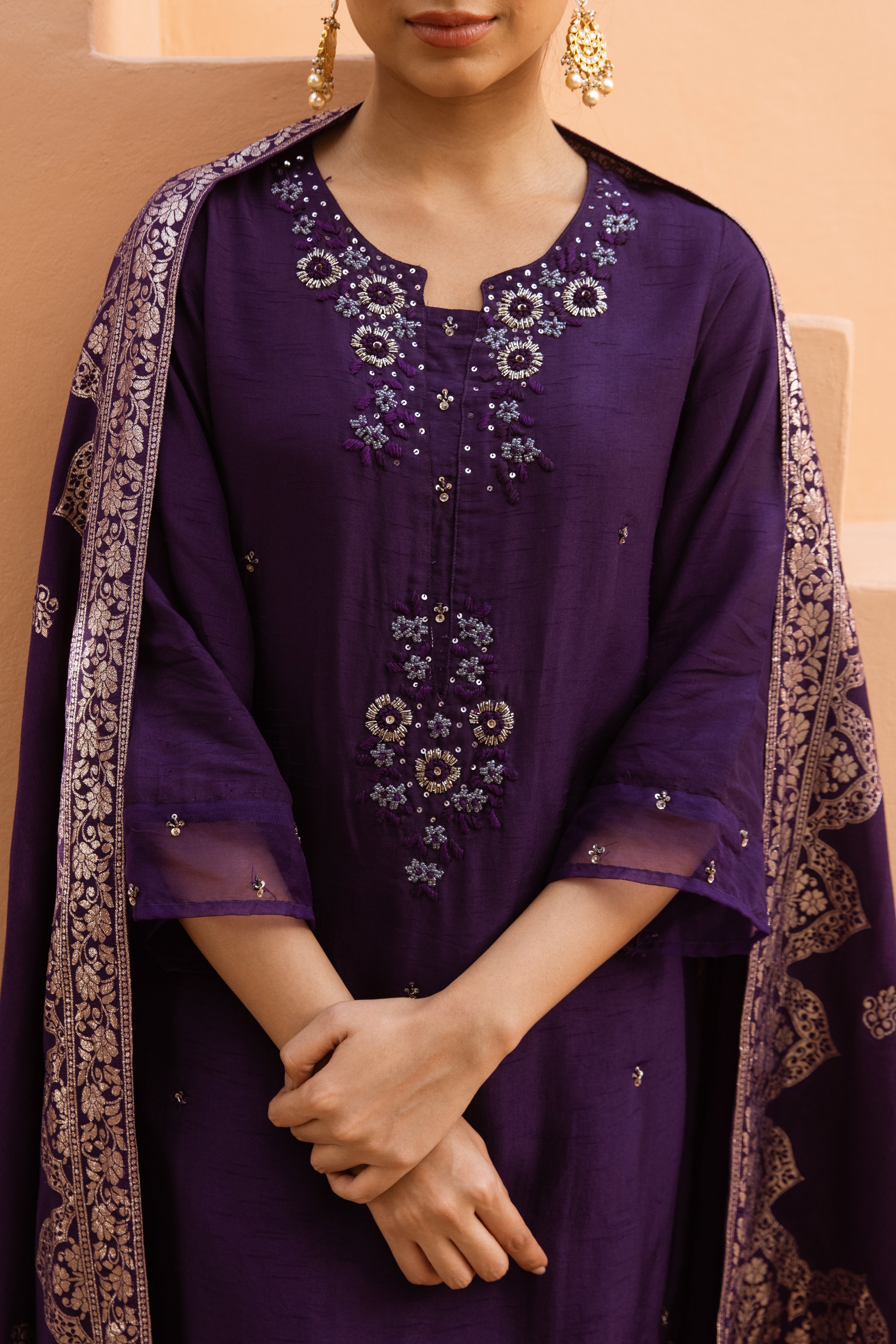 Women's Purple Dola Silk Kurta Pant and Dupatta Set