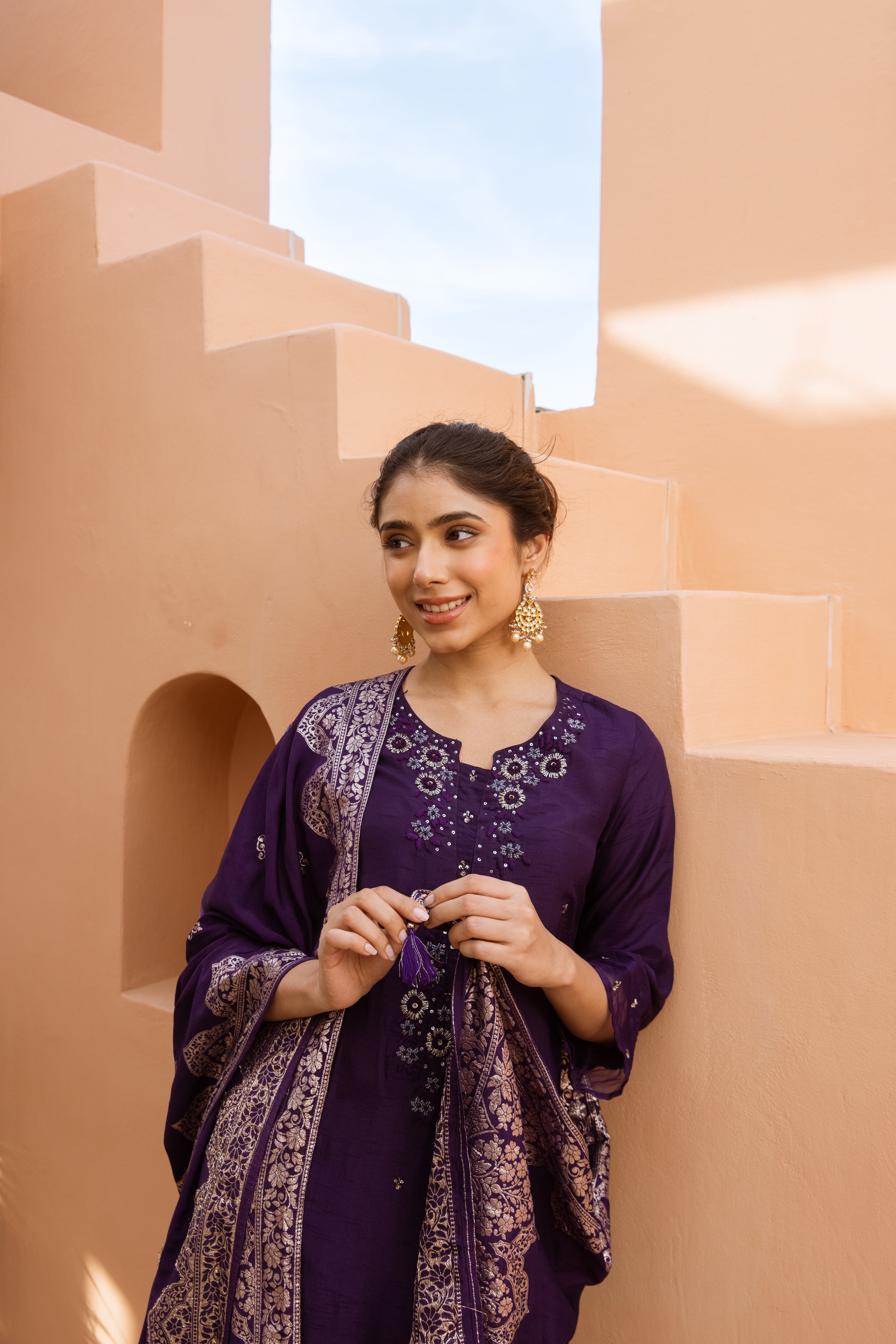 Women's Purple Dola Silk Kurta Pant and Dupatta Set