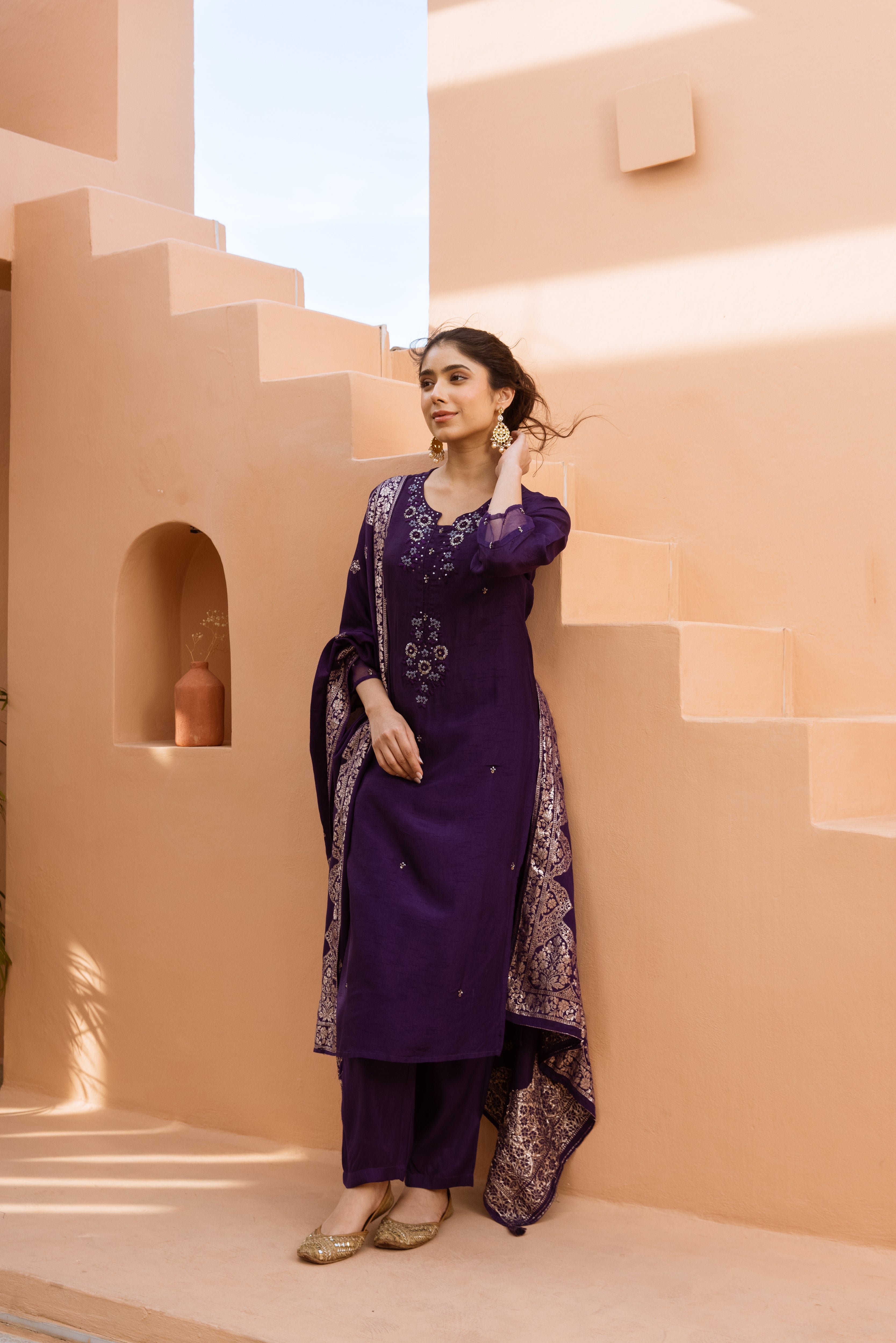 Women's Purple Dola Silk Kurta Pant and Dupatta Set