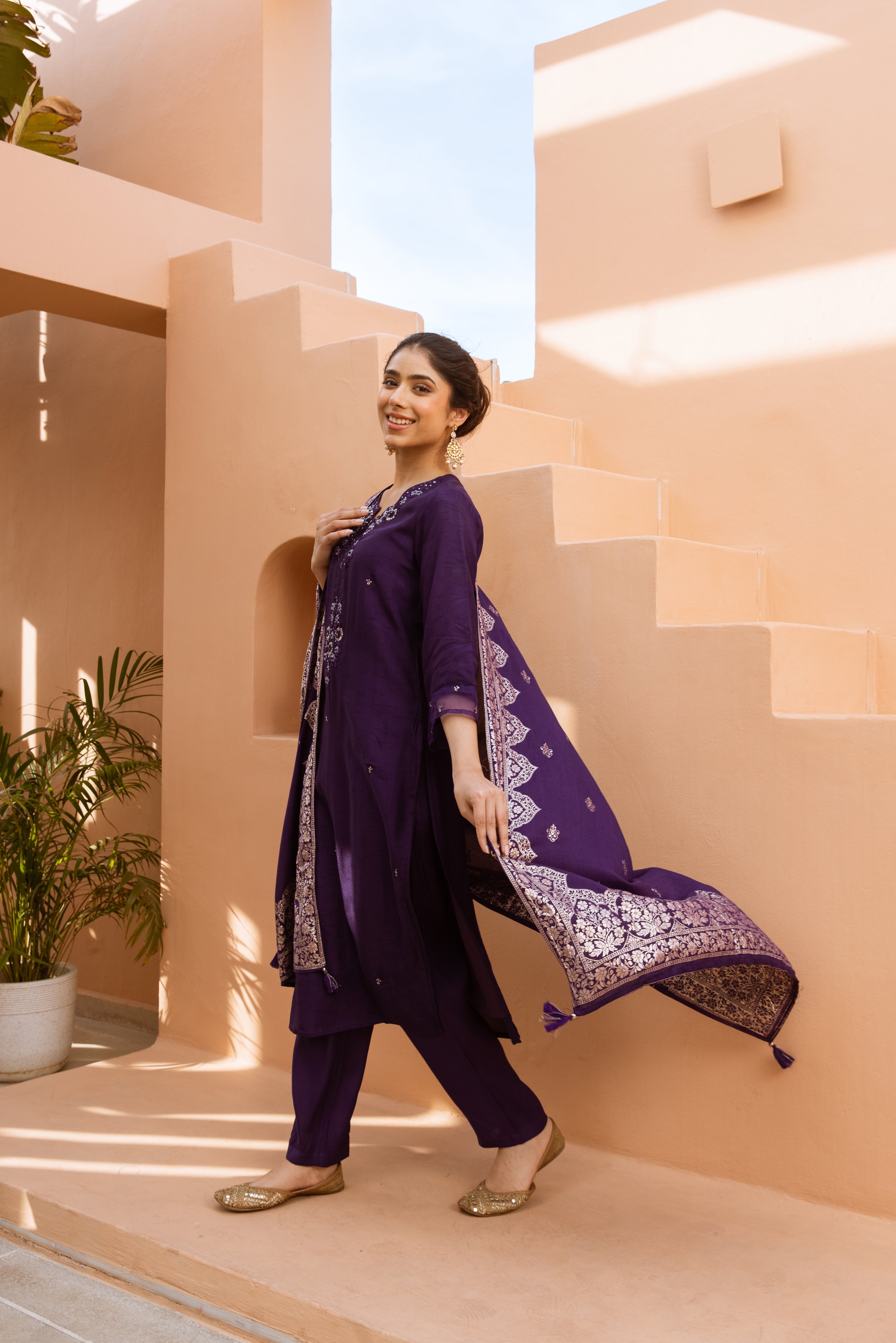 Women's Purple Dola Silk Kurta Pant and Dupatta Set