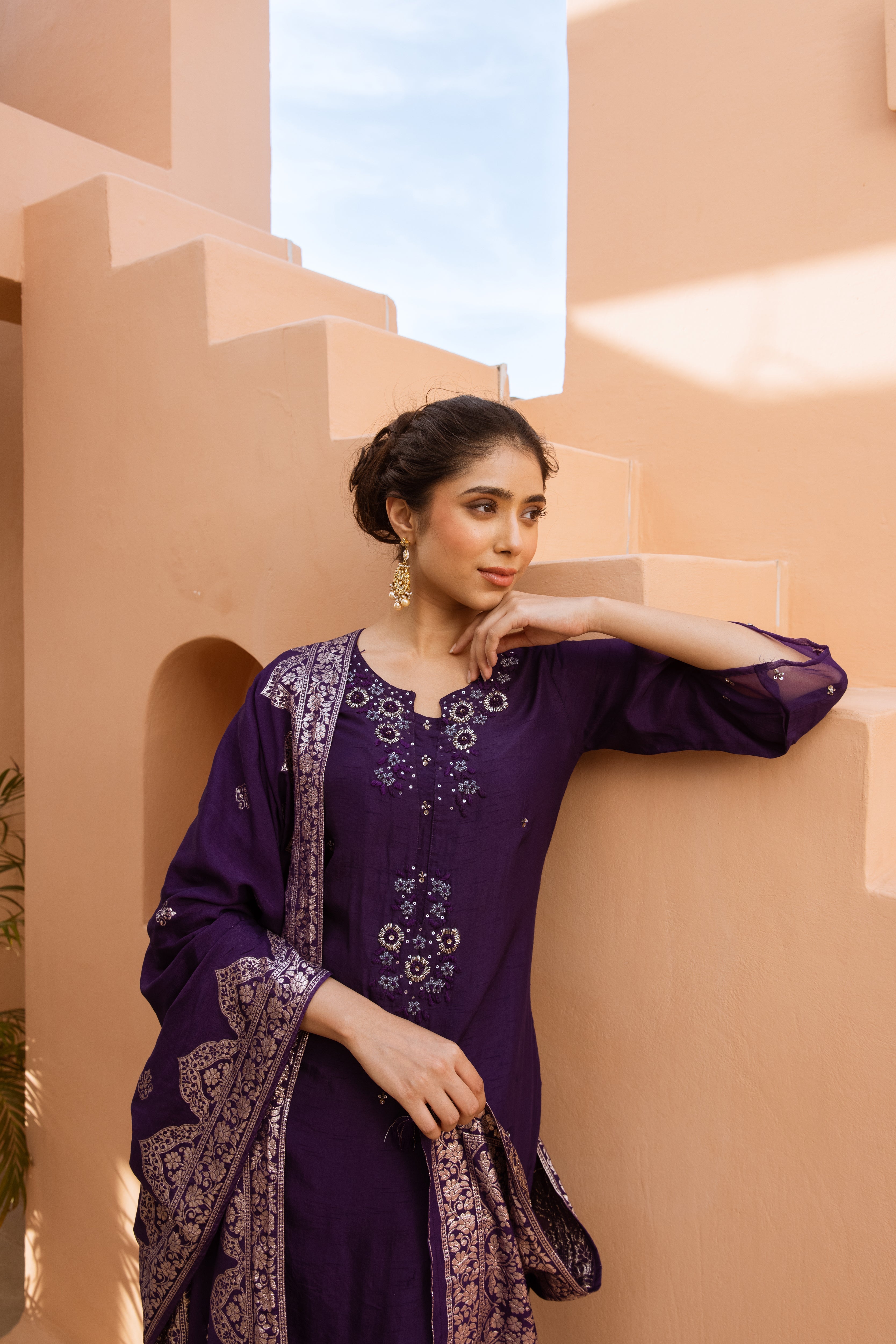 Women's Purple Dola Silk Kurta Pant and Dupatta Set