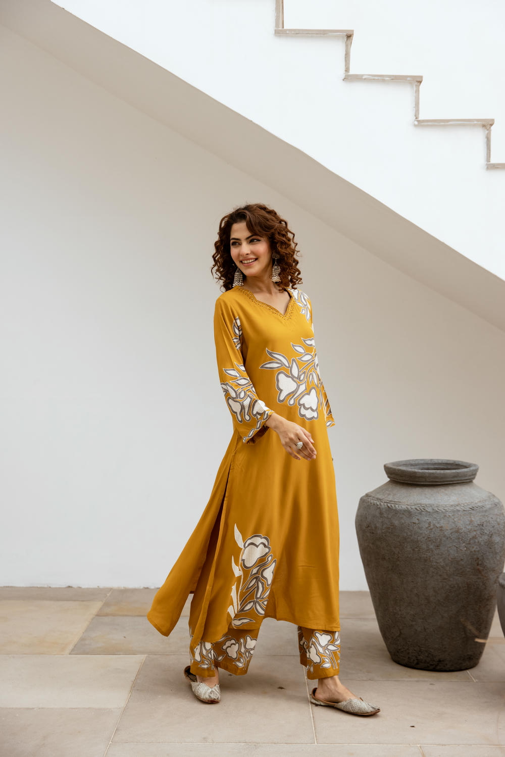 Women's Mustard Yellow German Rayon Kurta and Palazzo Set