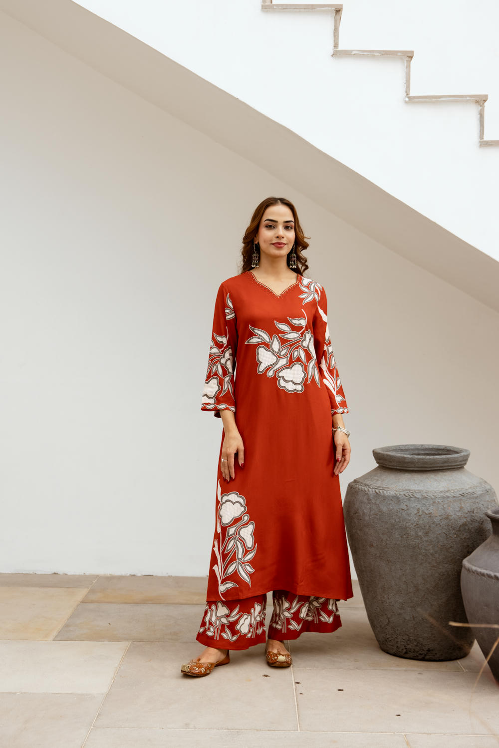 Women's Rust German Rayon Kurta and Palazzo Set