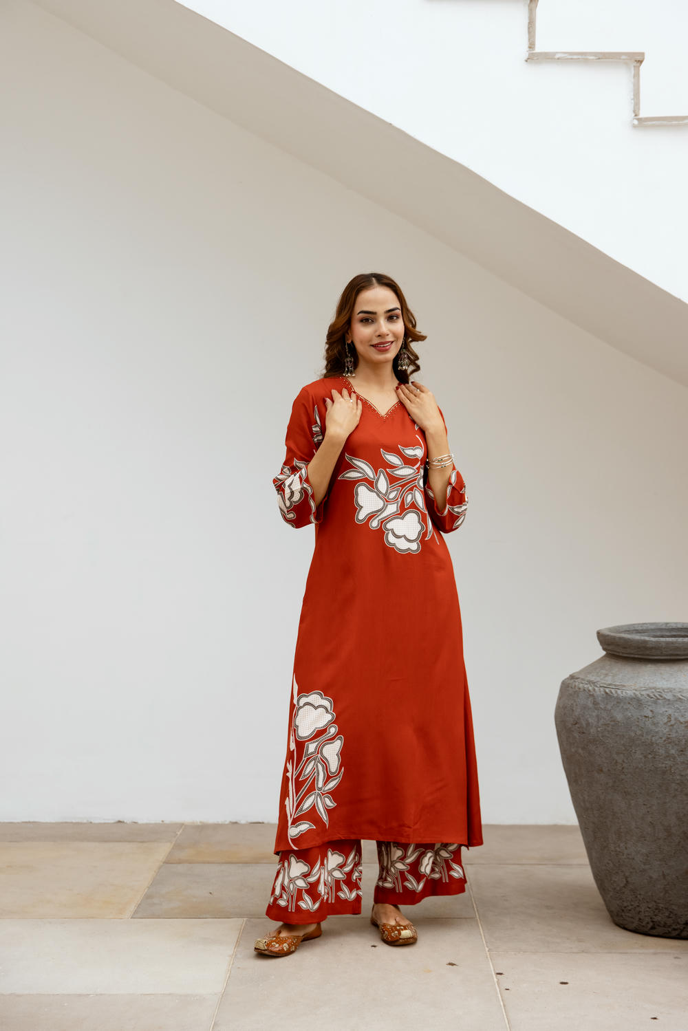 Women's Rust German Rayon Kurta and Palazzo Set