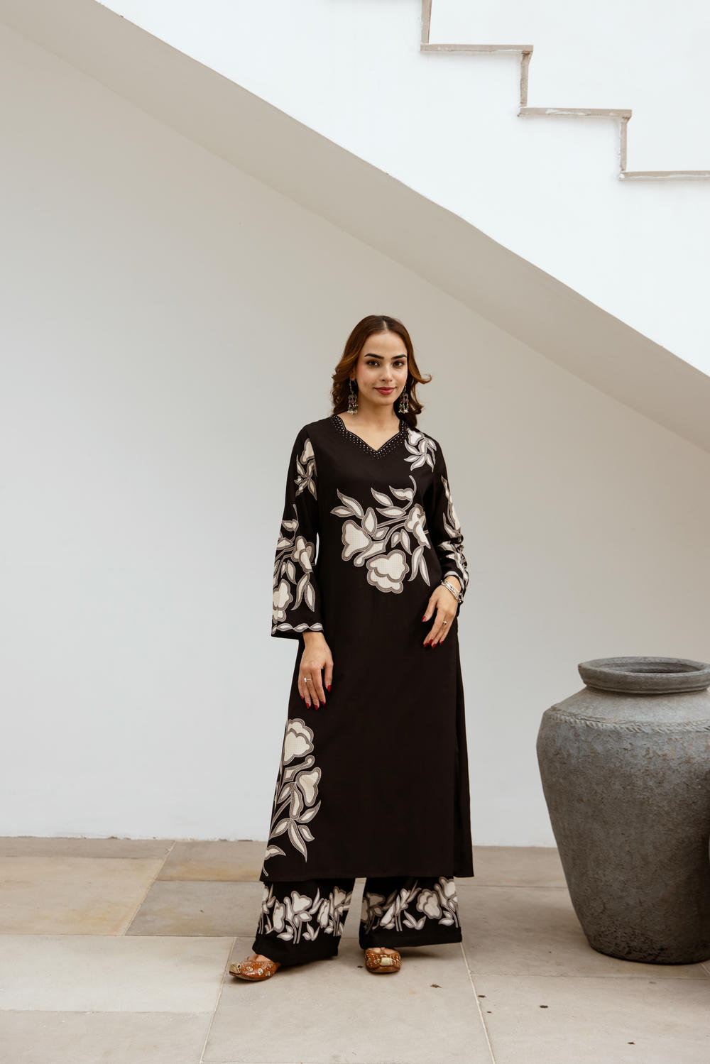 Women's Black German Rayon Kurta and Palazzo Set