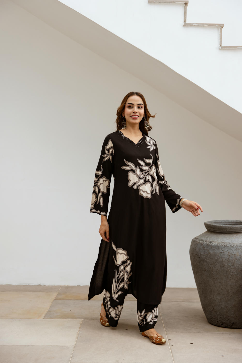Women's Black German Rayon Kurta and Palazzo Set