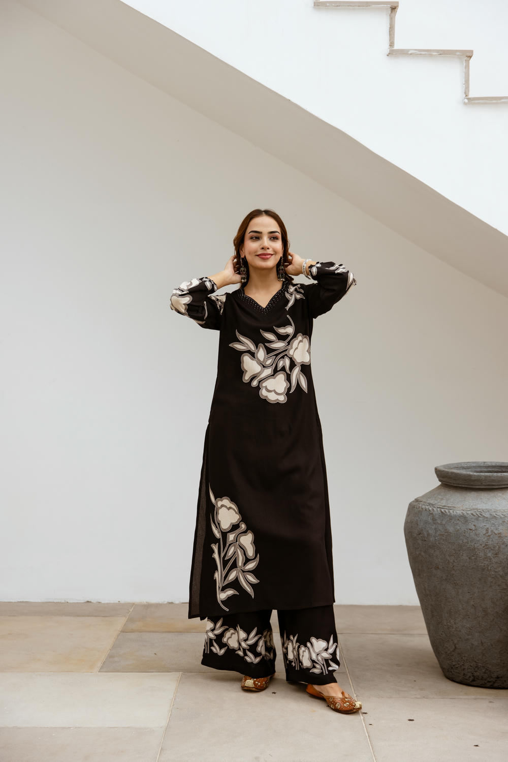 Women's Black German Rayon Kurta and Palazzo Set