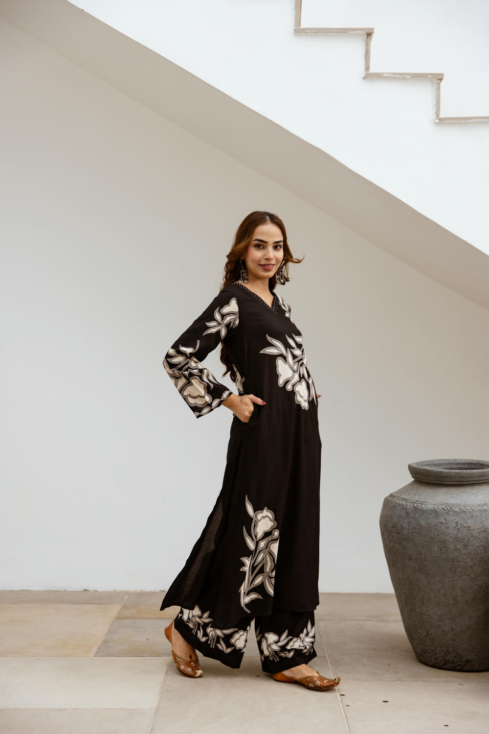 Women's Black German Rayon Kurta and Palazzo Set