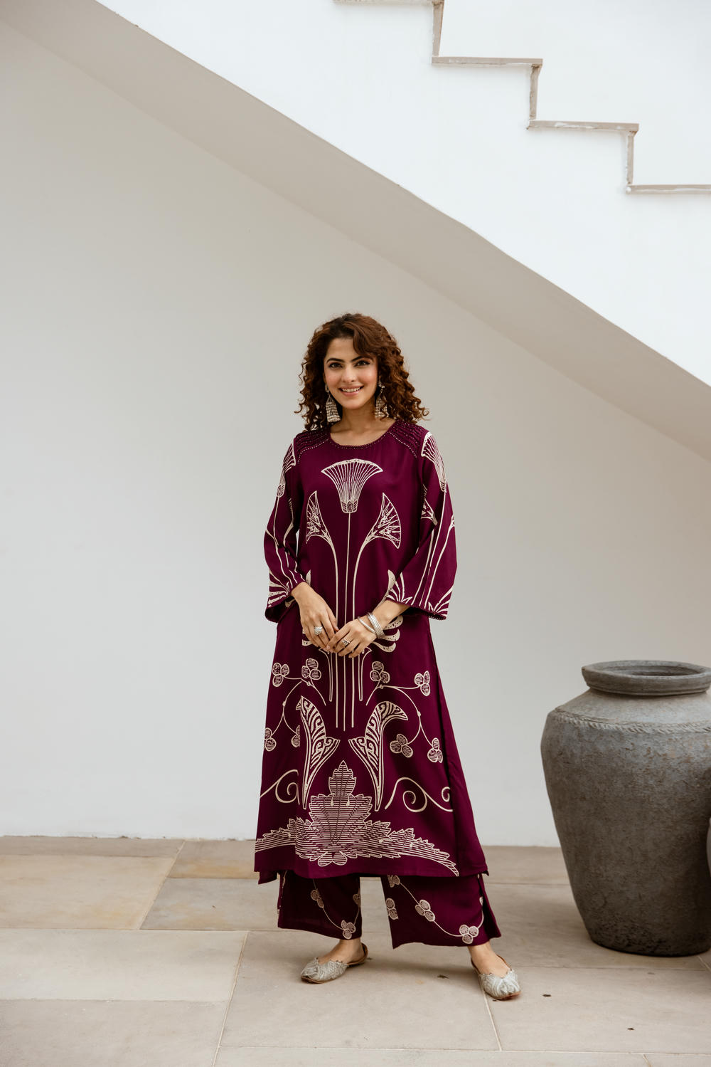 Women's Wine German Rayon Kurta and Palazzo Set