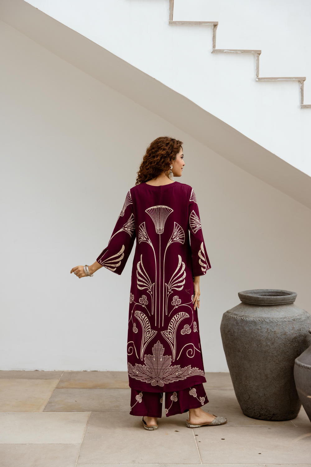 Women's Wine German Rayon Kurta and Palazzo Set